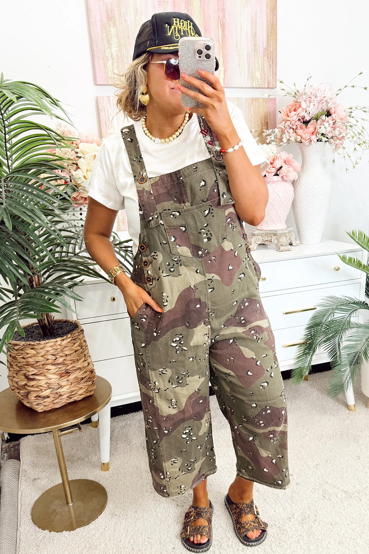 Green Camouflage Print Leopard Loose Denim Overall Cropped Jumpsuit