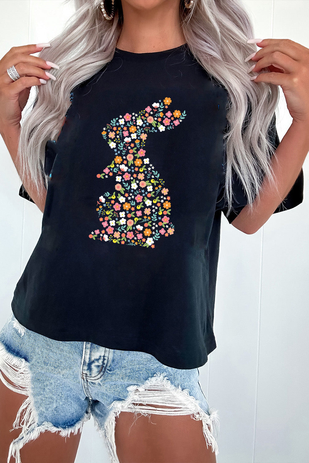 Black Colorful Floral Bunny Graphic Easter T-Shirt