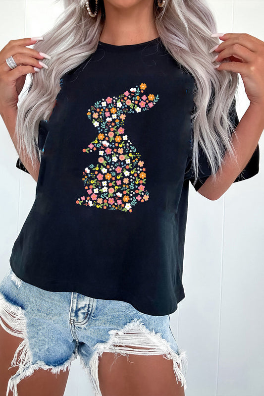 Black Colorful Floral Bunny Graphic Easter T-Shirt
