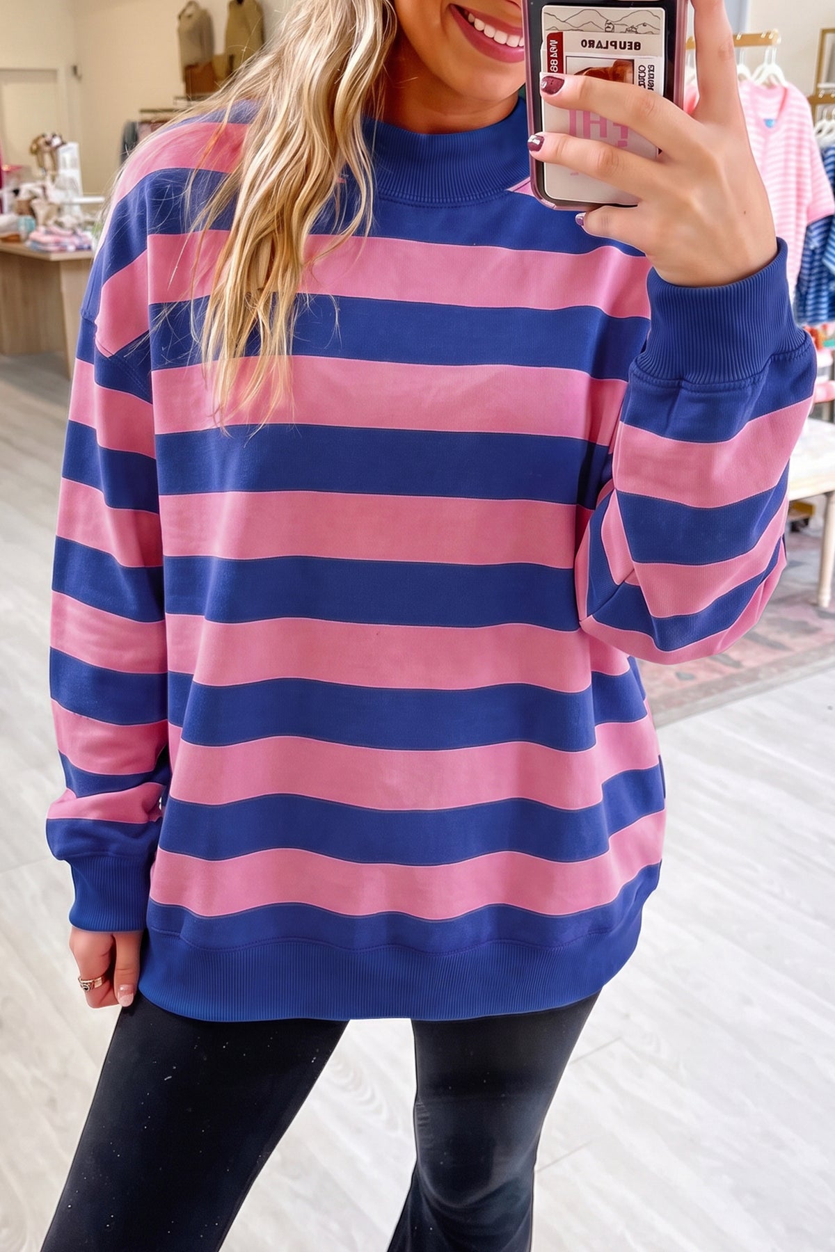 Orange Stripe Colorblock Mock Neck Sweatshirt