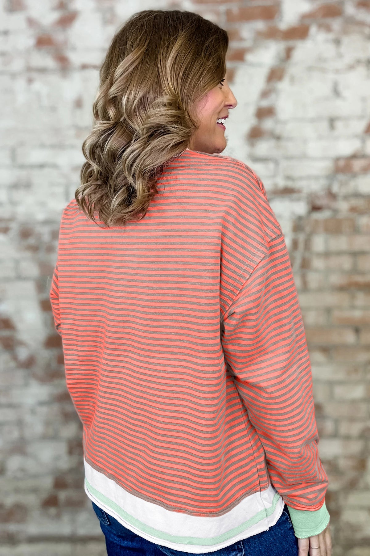 Orange Stripe Colorblock Raw Seam Long Sleeve Top