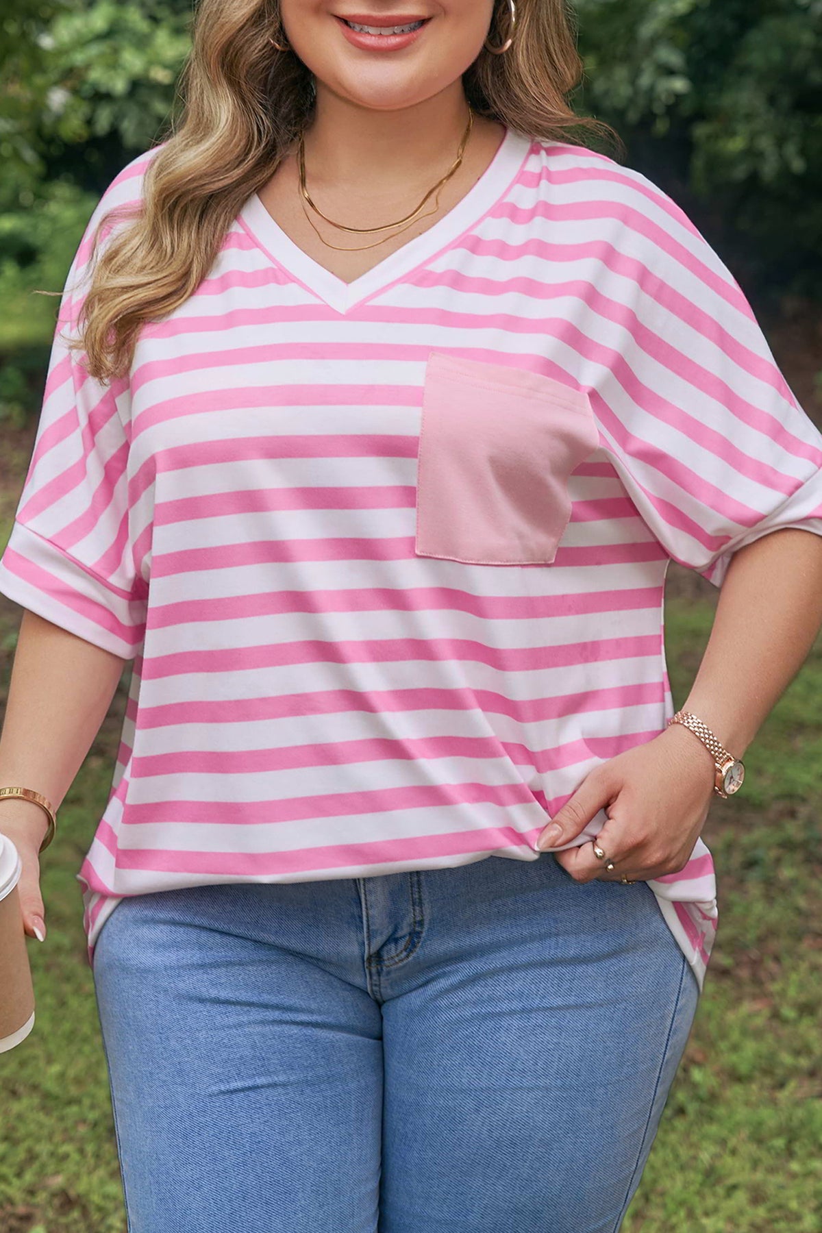 Pink Stripe Color-Block Patched Pocket V-Neck Plus Size Tee