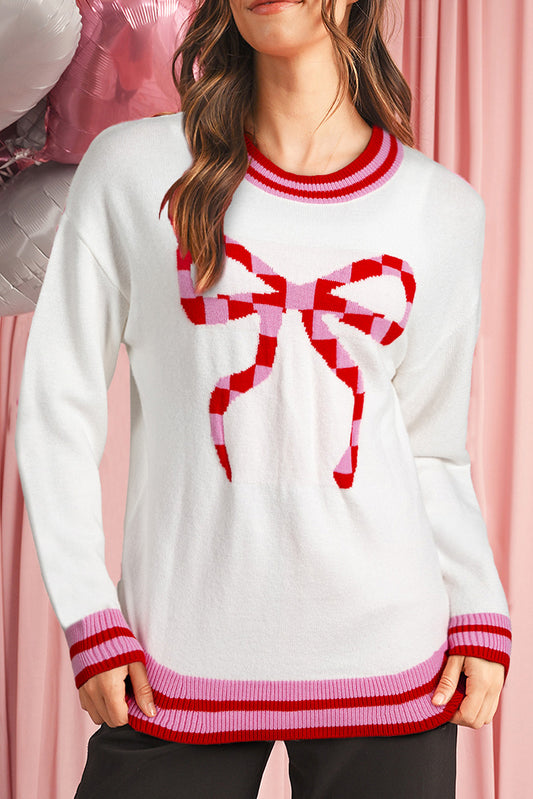 White Striped Trim Bow Graphic Round Neck Drop Shoulder Sweater