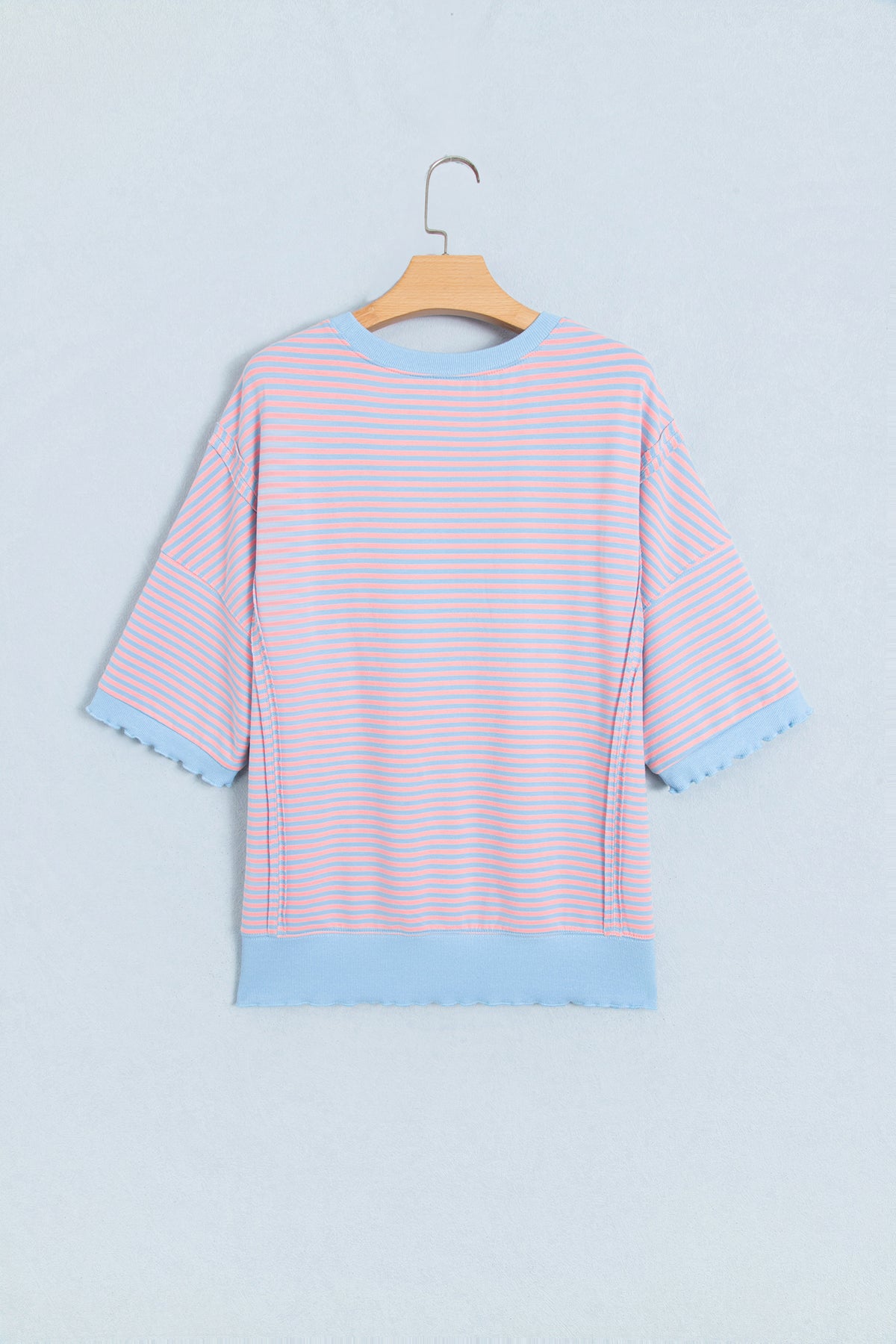 Sky Blue Stripe Colorblock Scalloped Trim 3/4 Sleeve Top