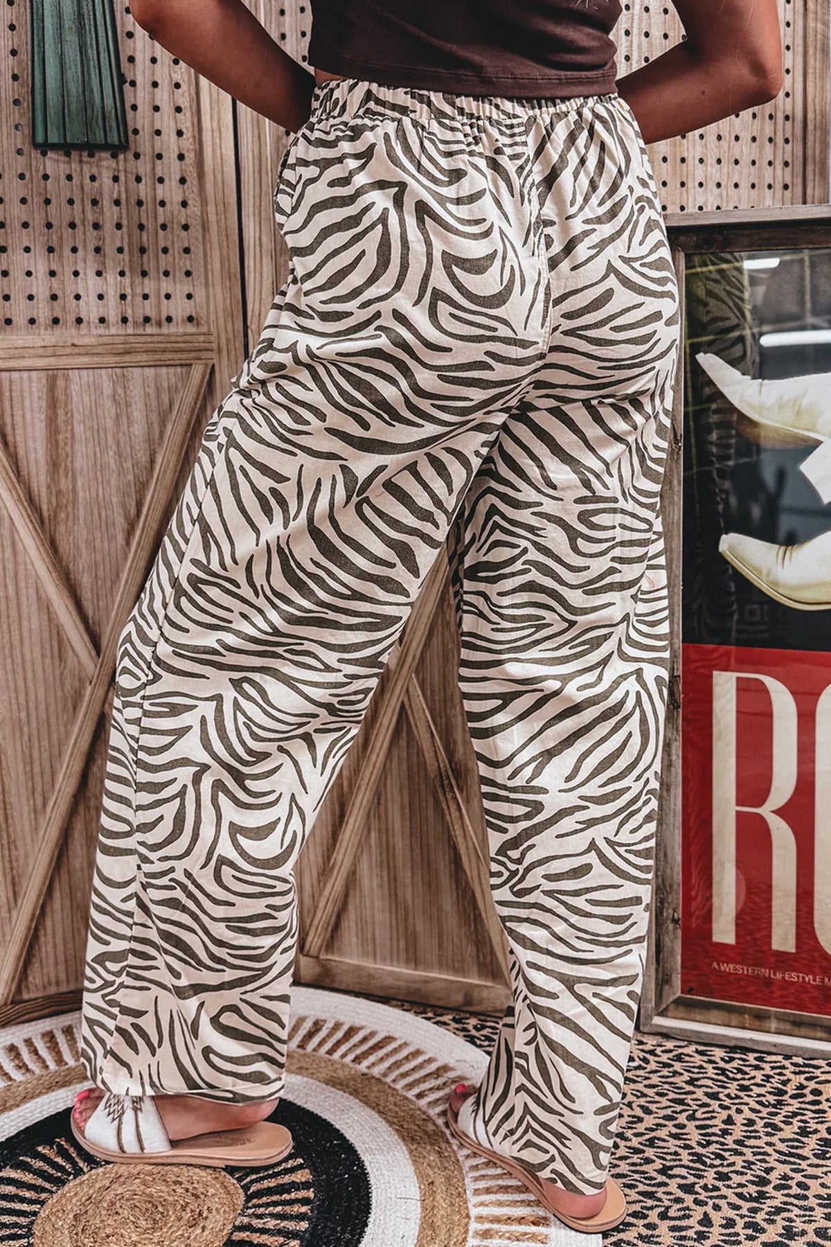 Multicolour Western Print Zebra Pattern Elastic Waist Pocket Pants