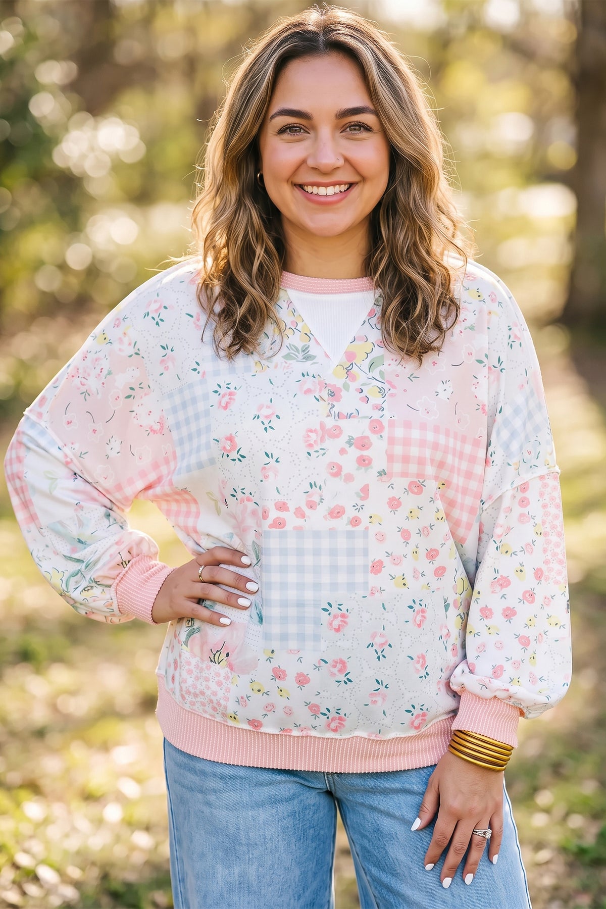 Pink Patchwork Floral Print Long-Sleeve Tunic Plus Size Blouse