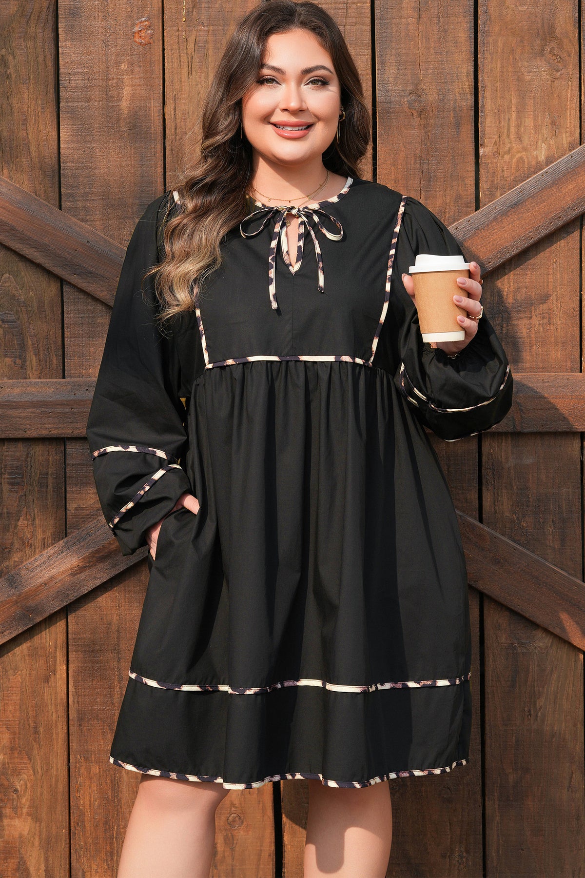 Black Plus Size Long-Sleeve Leopard Contrasted Trim Tie Neck Flared Mini Dress
