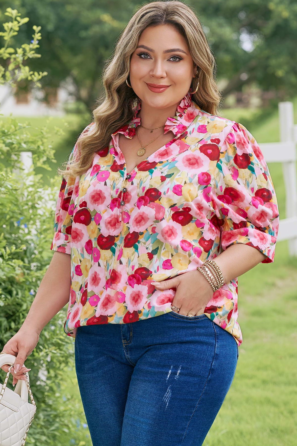 Pink Plus Size Flower Print Split V-Neck Puff Short-Sleeve Top