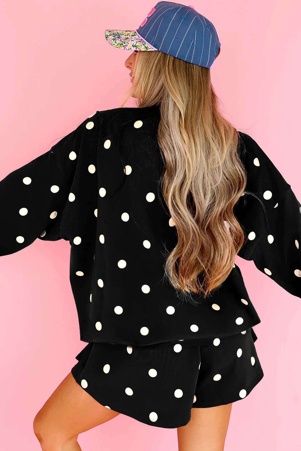 Women's Red Polka Dot Raw Hem Relaxed Pullover Loose Skort Two-Piece Set