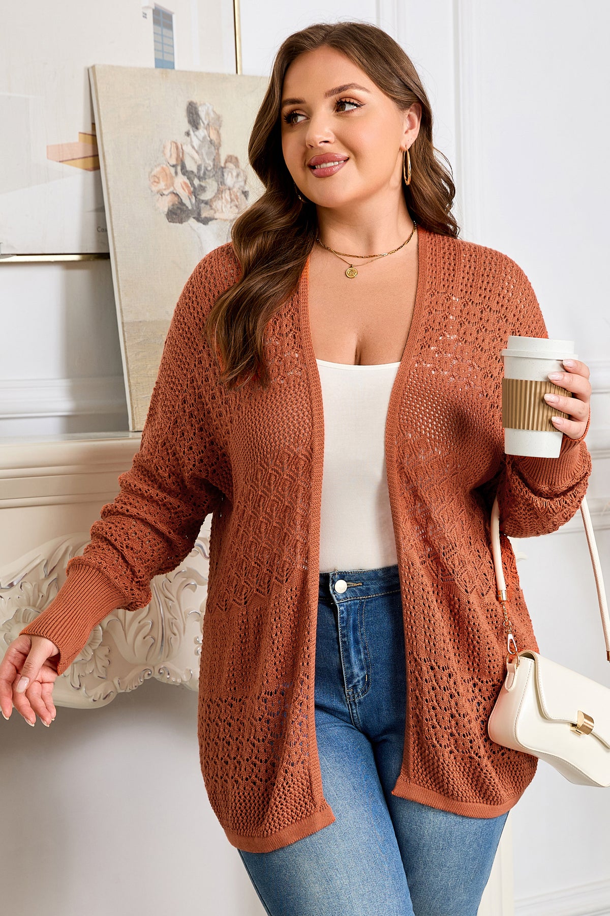 Redwood Burl Mixed Pattern Knitted Open-Front Plus Cardigan