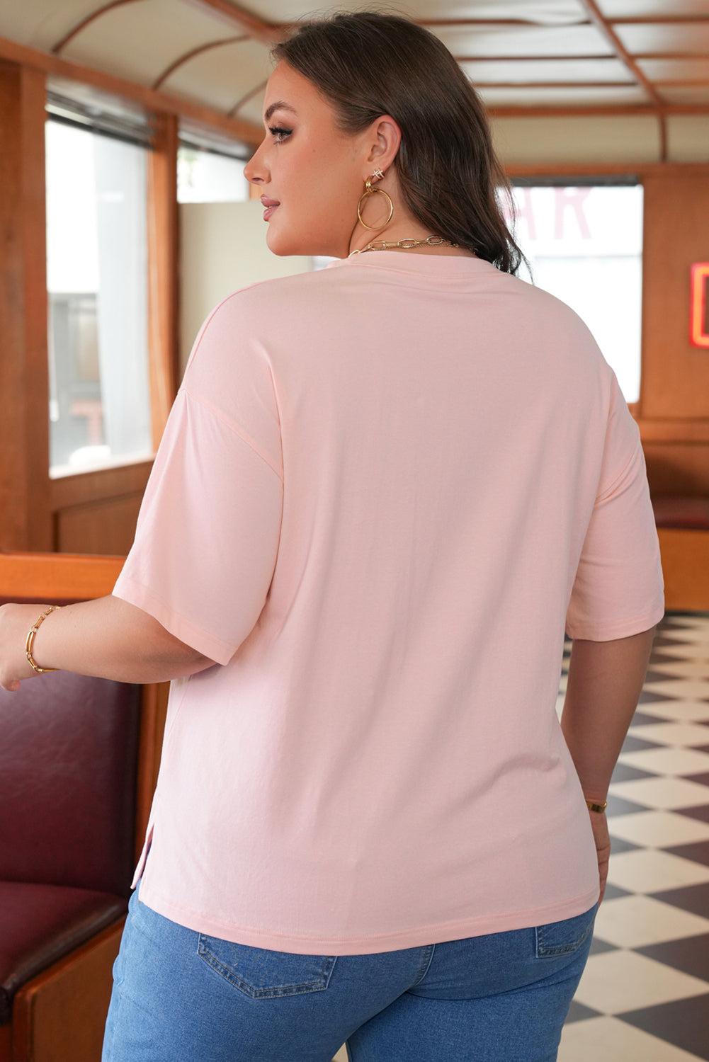Light Pink Eyelet Lace Star Applique Plus Size T-Shirt