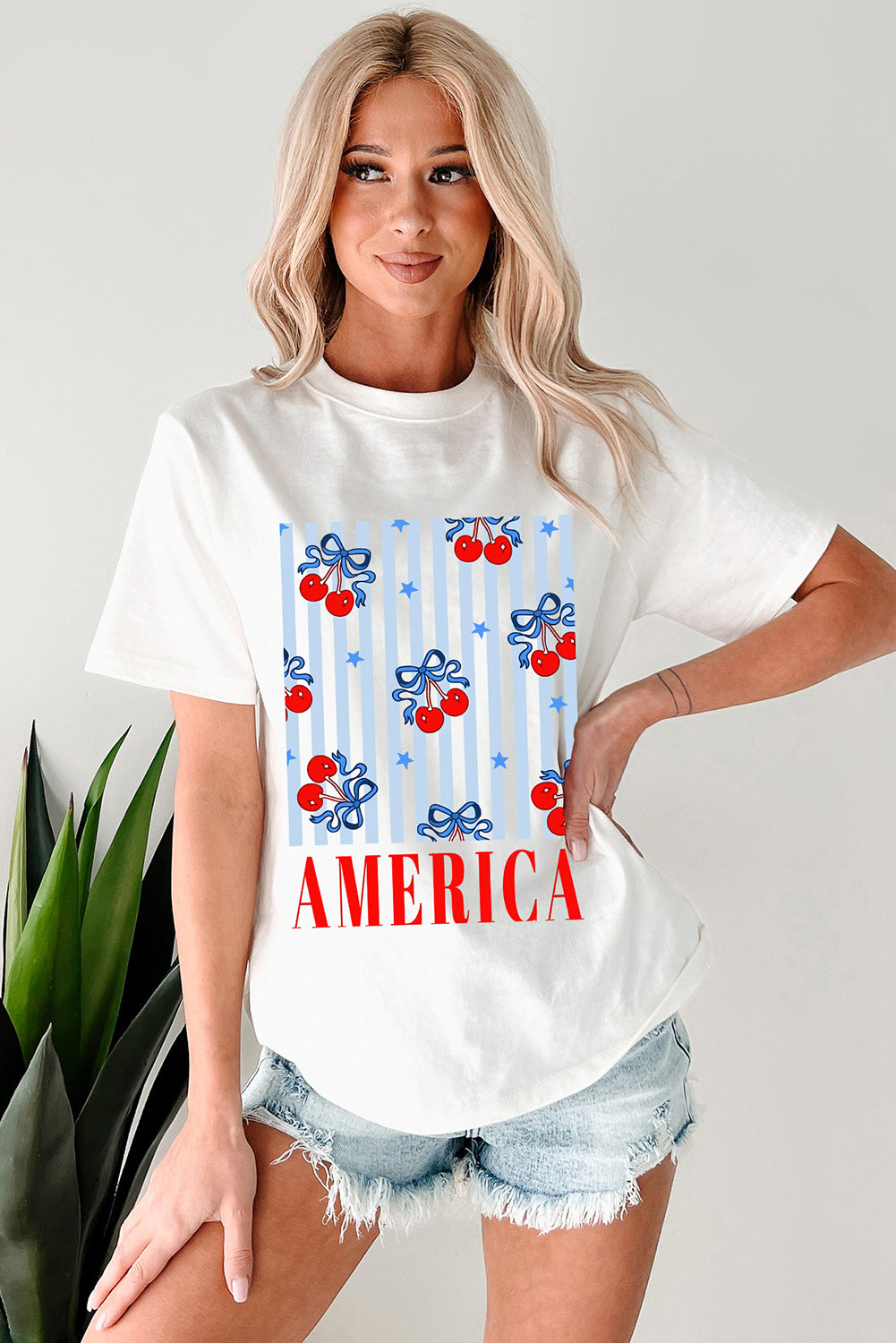 White Bow Cherry AMERICA Graphic Crewneck Patriotic T-Shirt