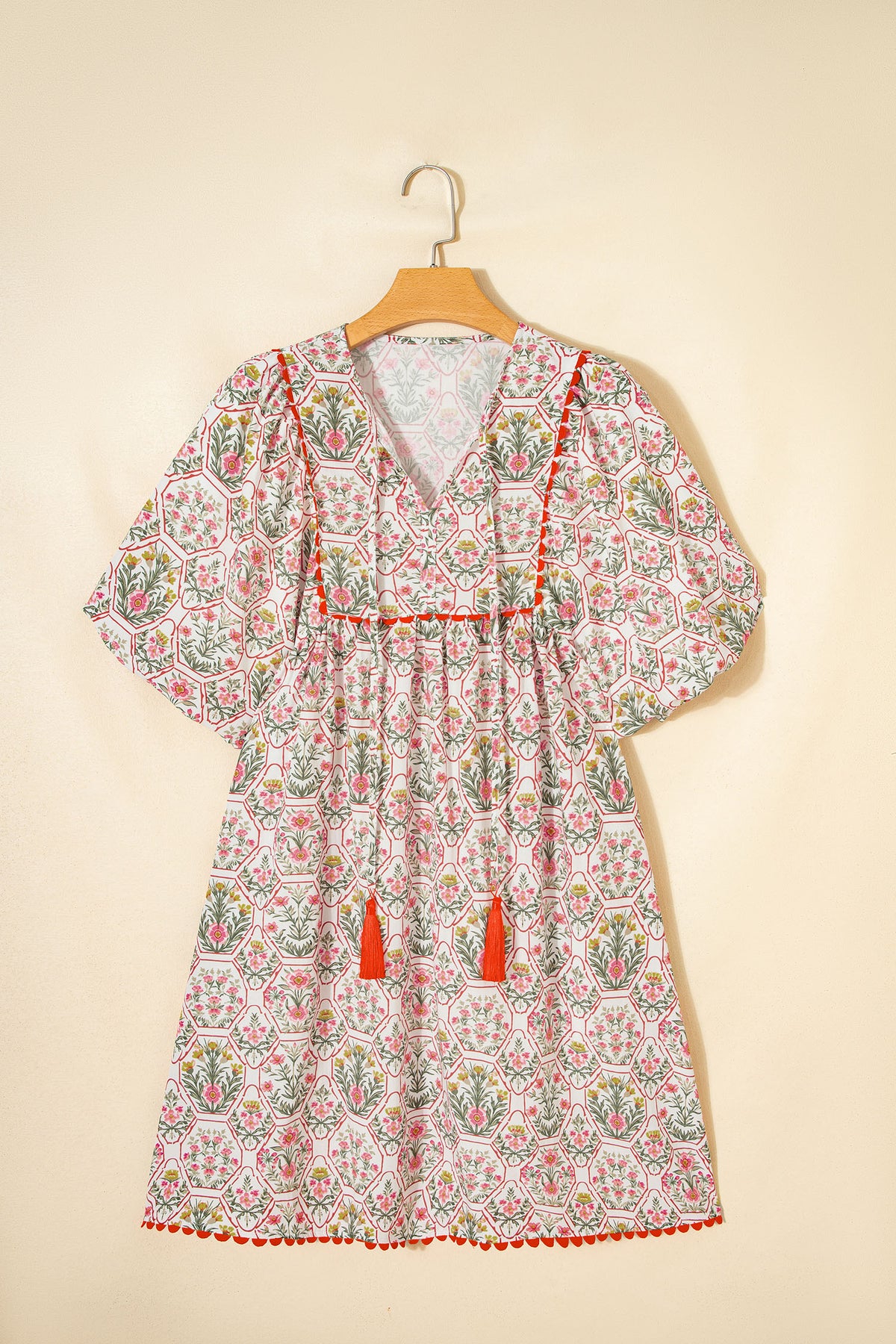 Pink Floral Print Tassel Tie V Neck Scalloped Detail Mini Dress