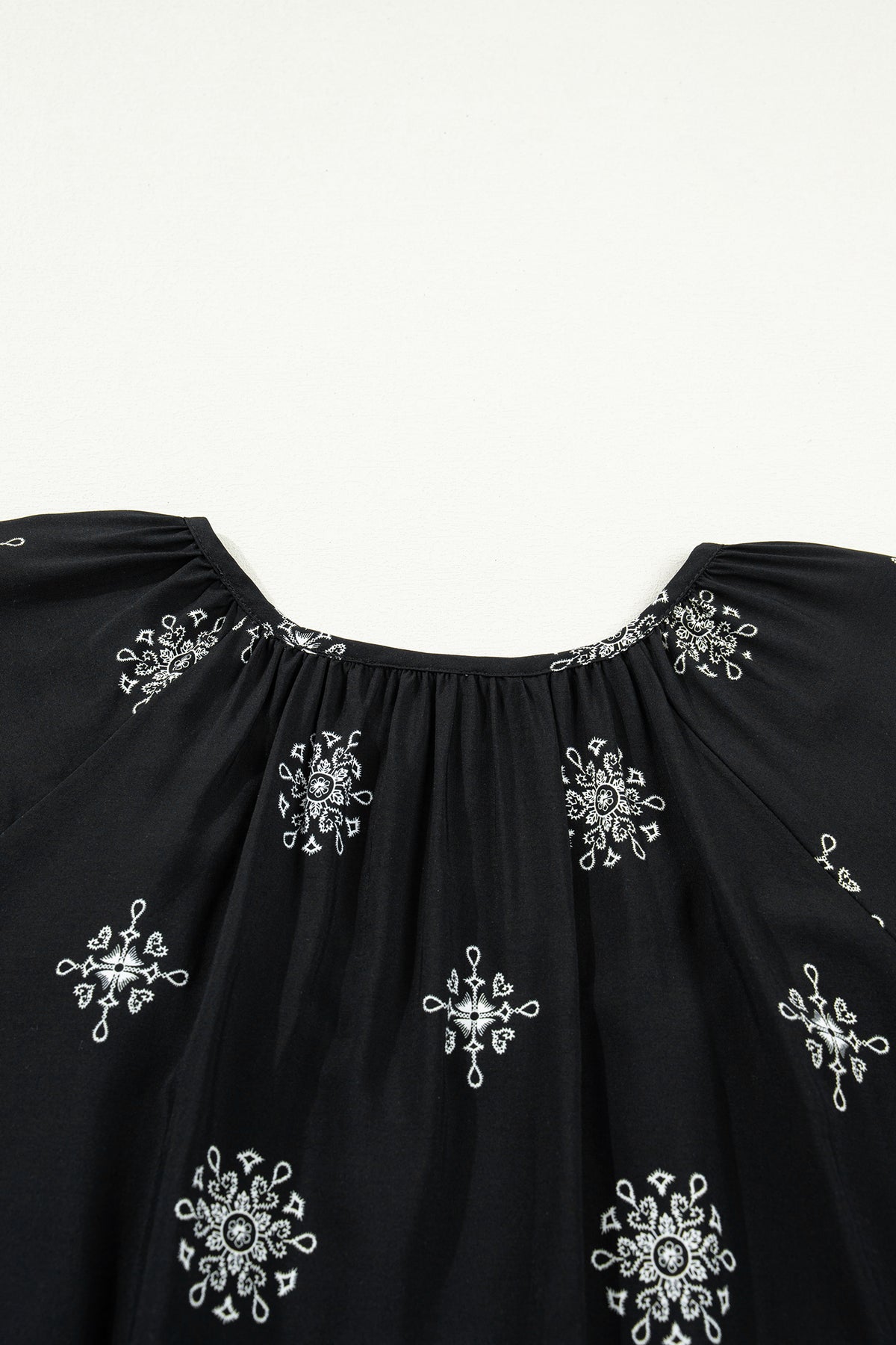Black Boho Chic Notched V-Neck Plus Floral Short-Sleeve Top