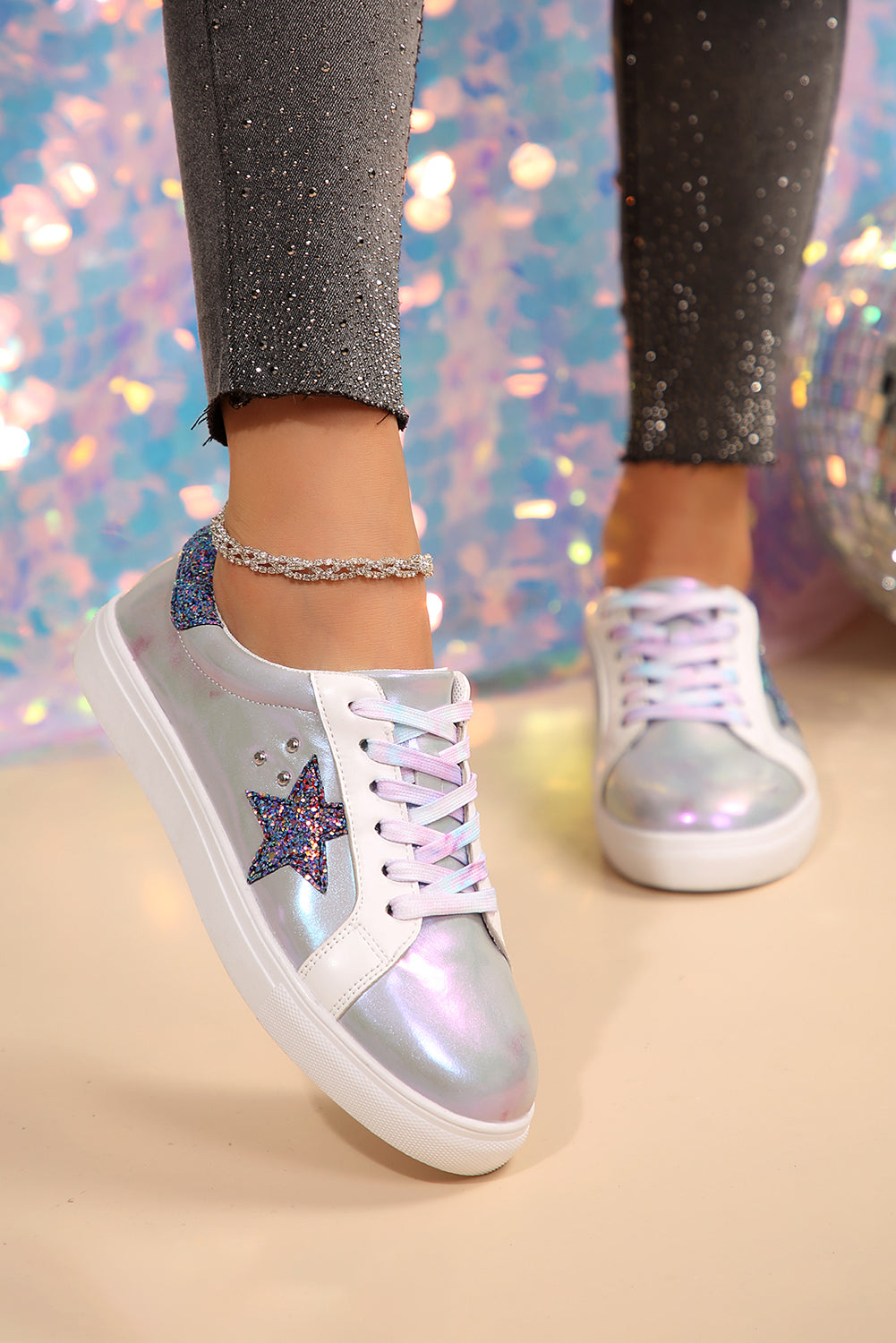 Silver Star Sequin Patchwork Criss Cross Casual Shoes