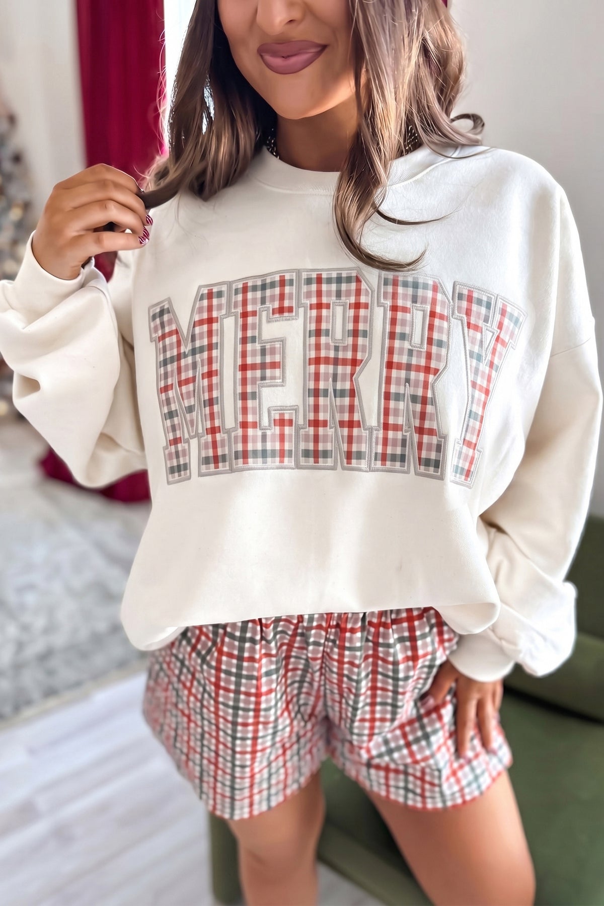Women's Red Polka Dot MERRY Holiday Long-Sleeve Top and Shorts Set