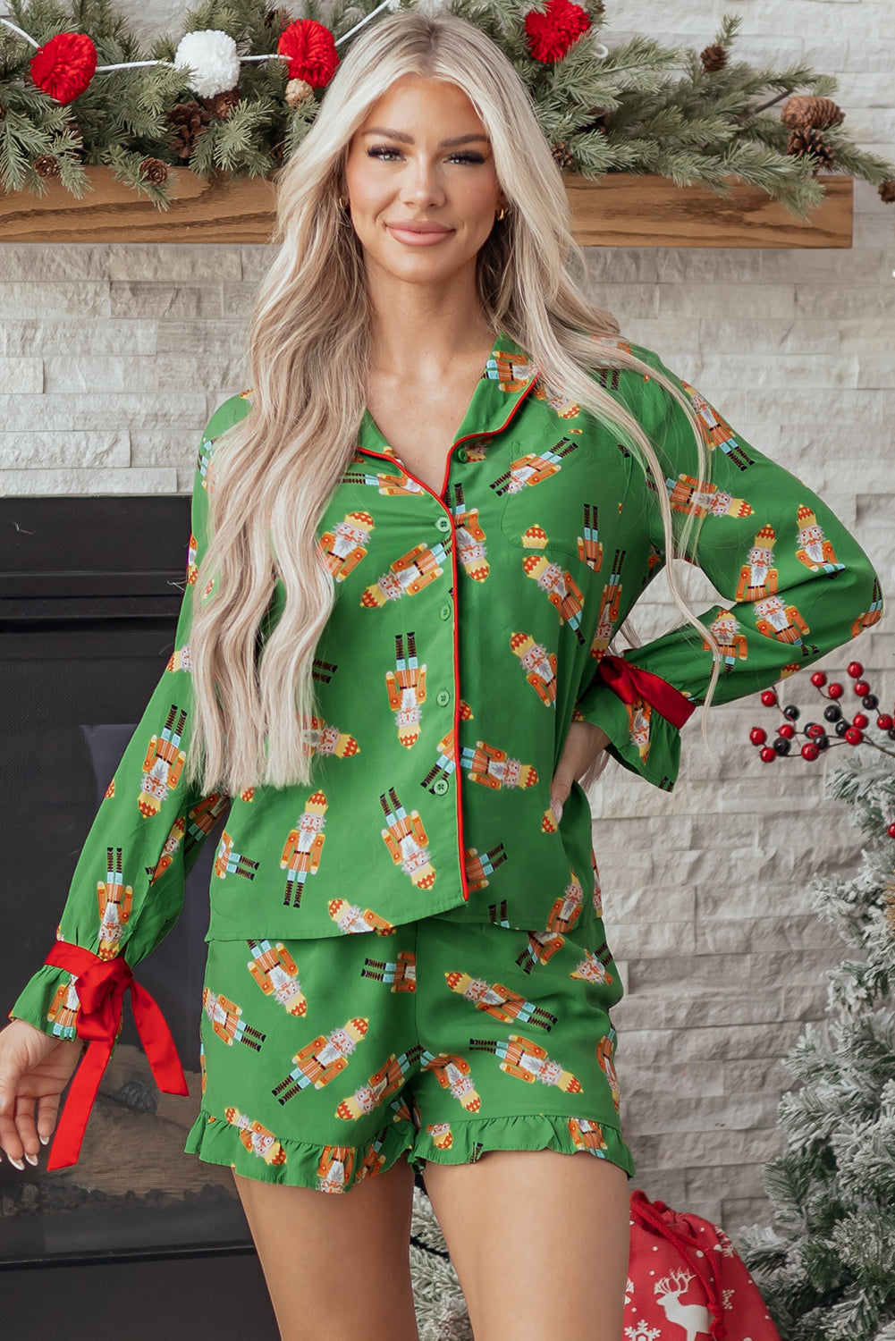 Green Christmas Candy Contrast Trim Bow Knot Silky Pajama Set