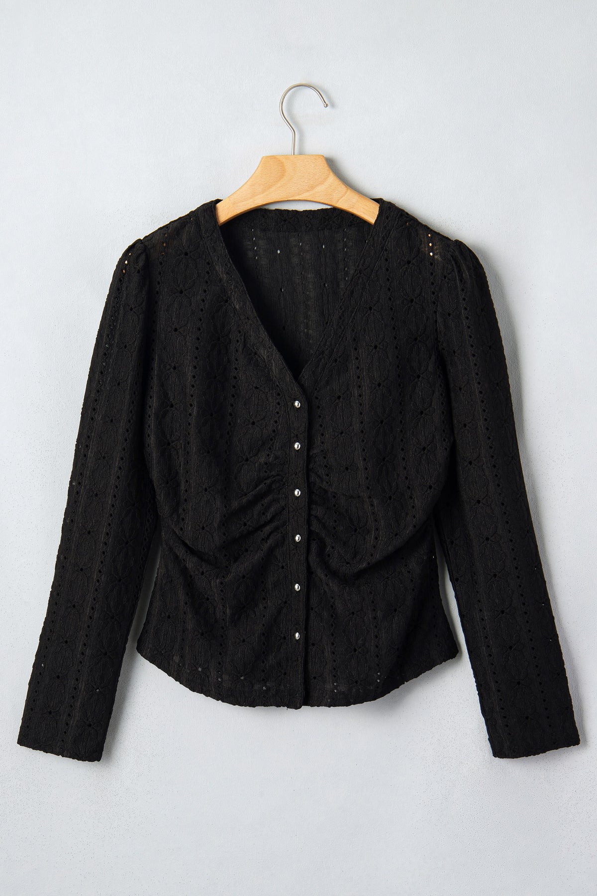 Black V Neck Floral Knit Button Front Fit Blouse