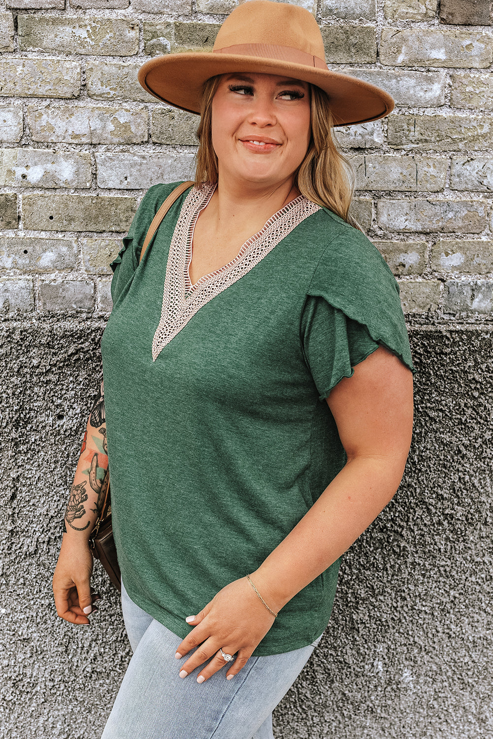 Blackish Green Plus Size Embroidery V-Neck Draped Sleeve Blouse