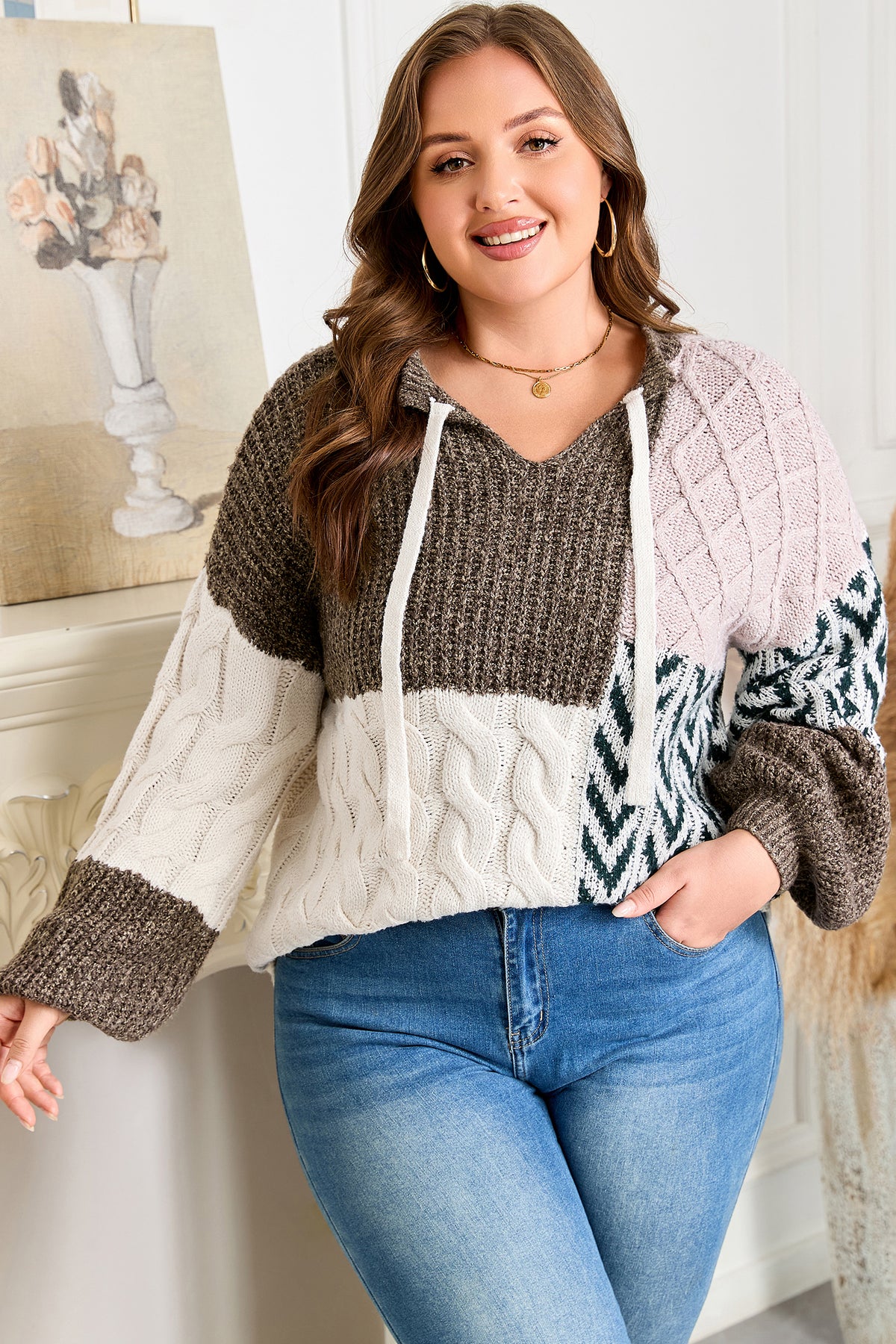 Brown Plus Size Color-Block Patchwork Knotted Back Loose Fit Sweater