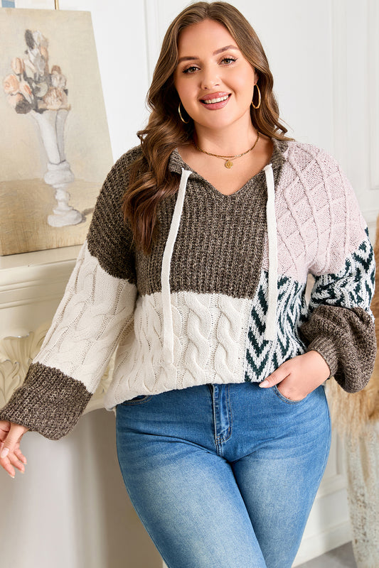 Brown Plus Size Patchwork Knotted Back Fit Sweater