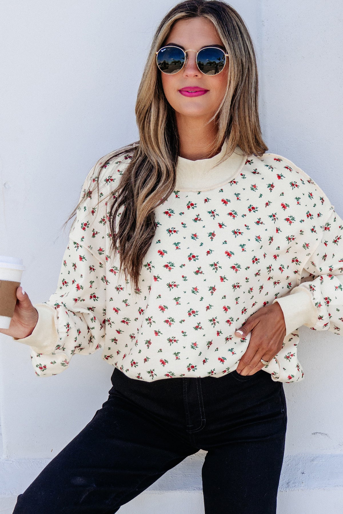Beige Ribbed High Neck Patchwork Floral Print Baggy Sweatshirt