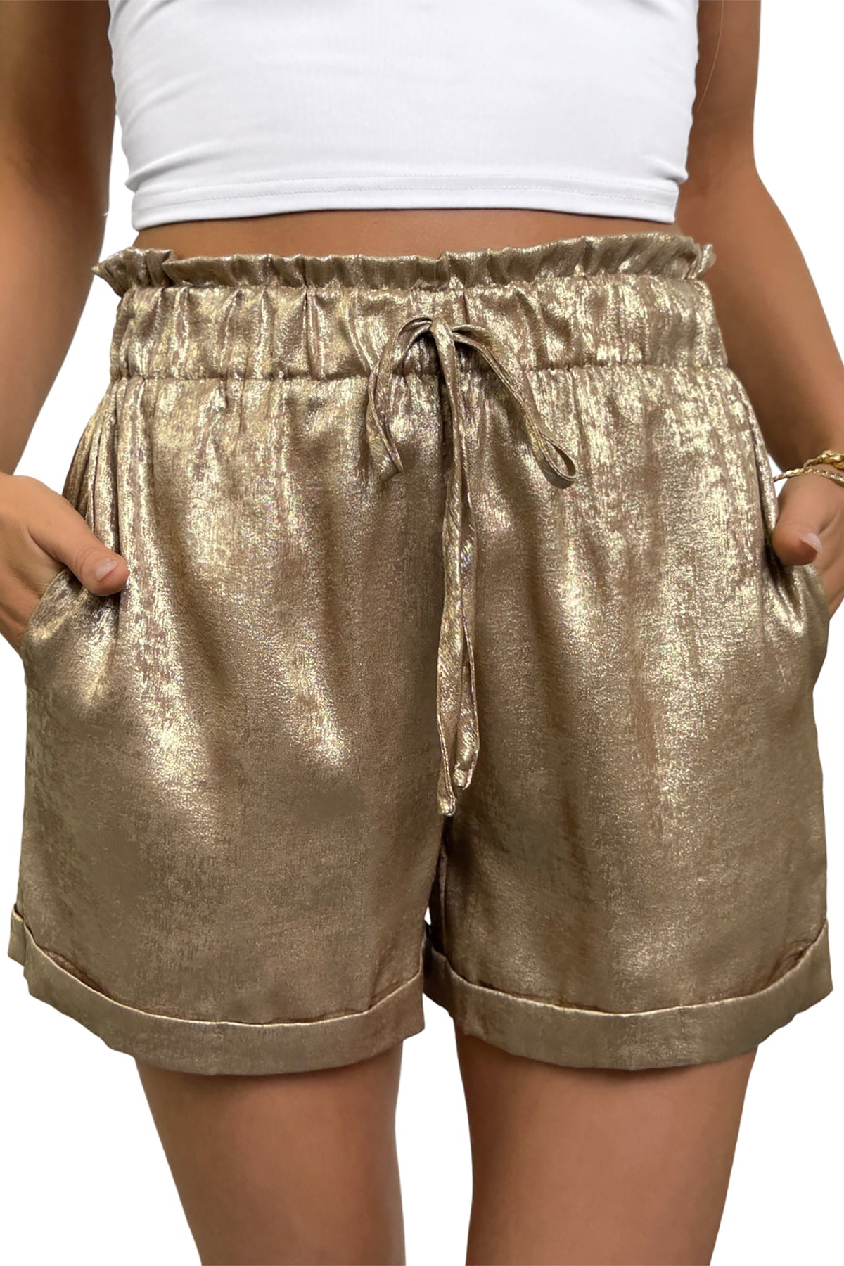 Gold Metallic Luster Tie Elastic Waist Cuffed Hem Shorts