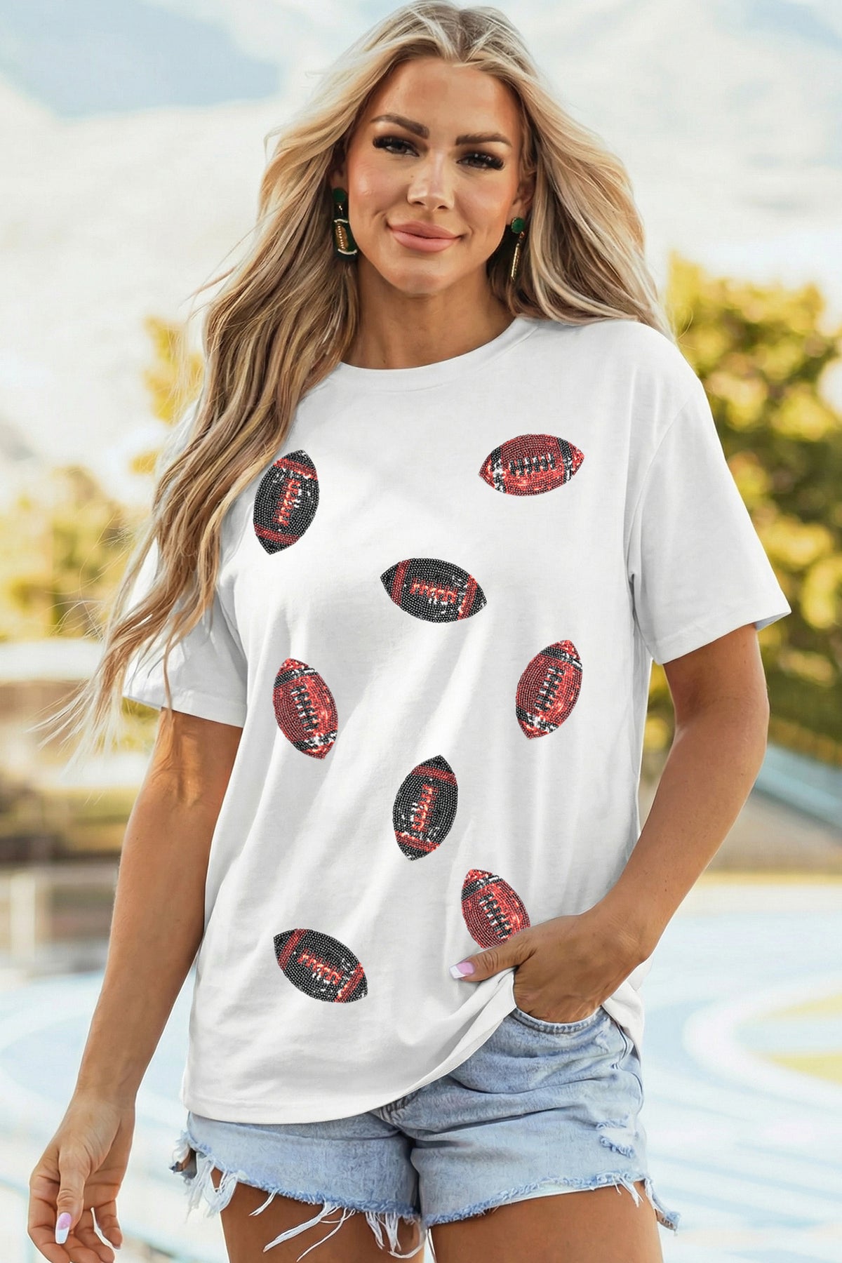White Sequin Rugby Pattern Round Neck Casual T-Shirt
