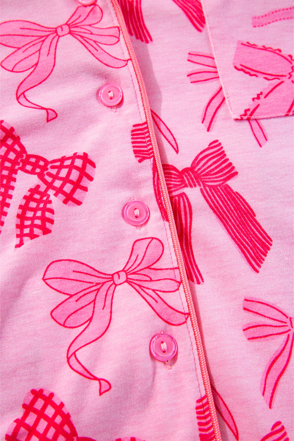 Pink Bow Print Lapel Collar Short Sleeve and Pants Pajama Set