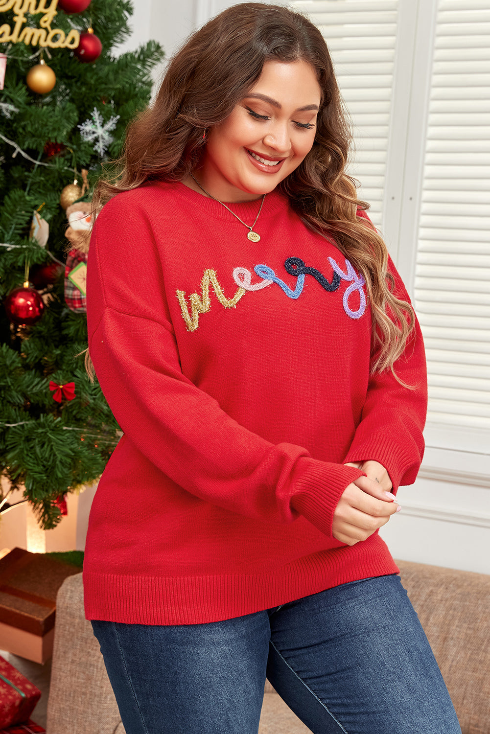Fiery Red Tinsel merry Pattern Drop-Shoulder Plus Size Sweater