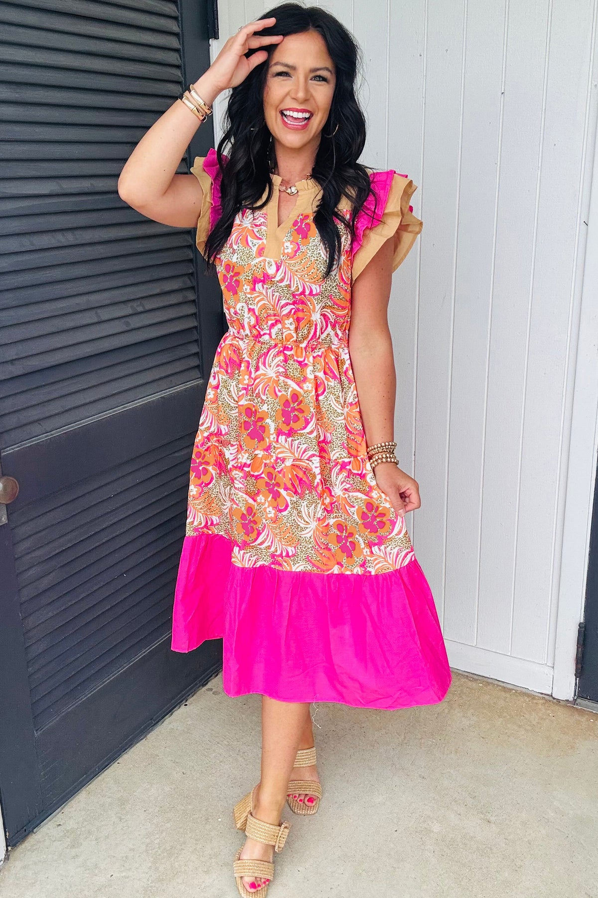 Rose Floral Print Color Block Ruffled Short Sleeve Flared Midi Dress