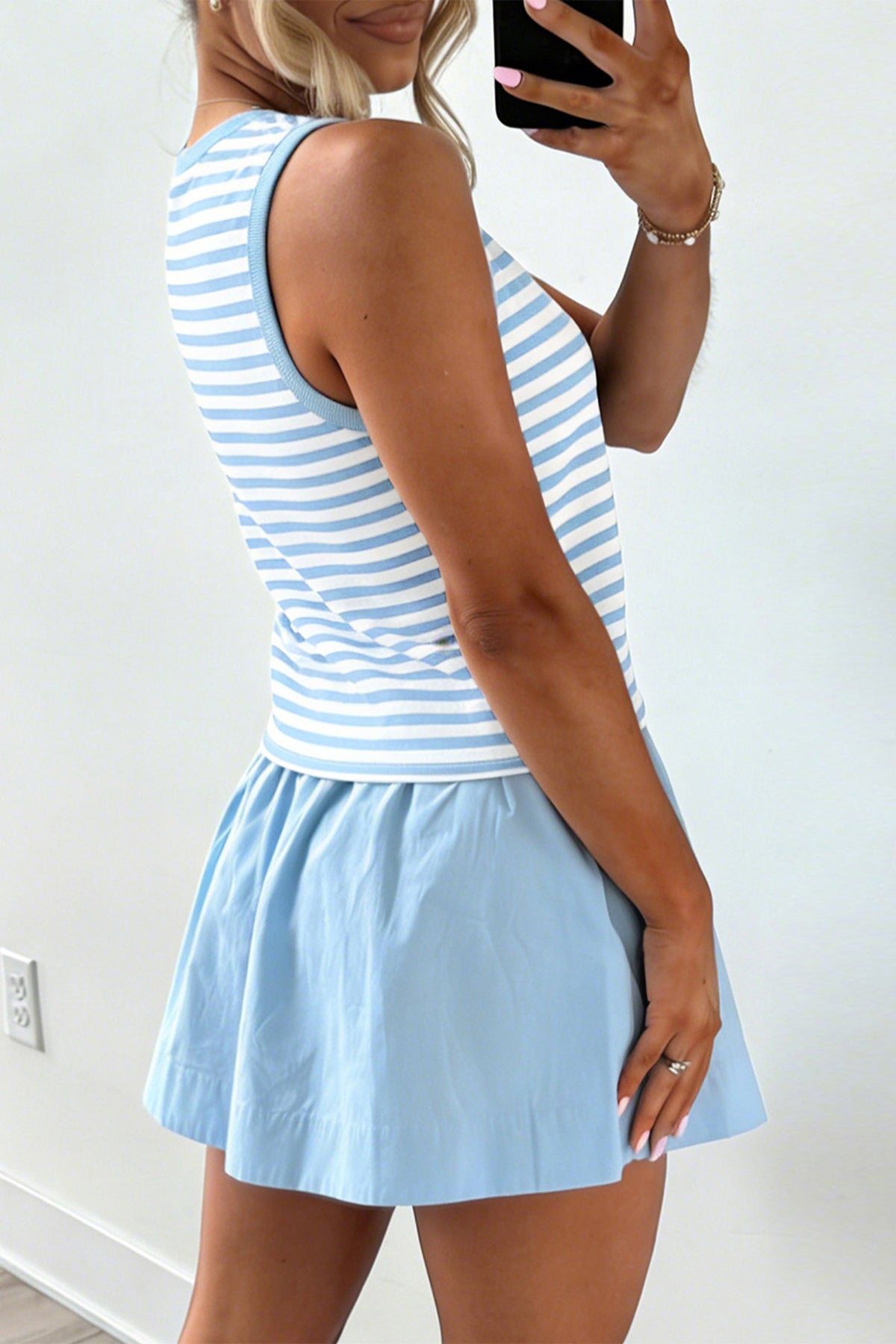 Women's Sky Blue Stripe Slim Tank Contrast Ruffle Mini Skort Set