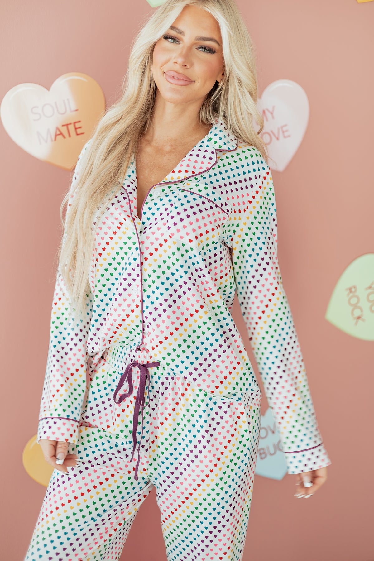 White Pride Heart Print Valentines Long Pajama Set