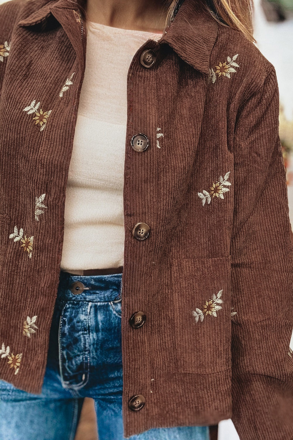 Coffee Floral Embroidered Collar Corduroy Jacket With Pocket