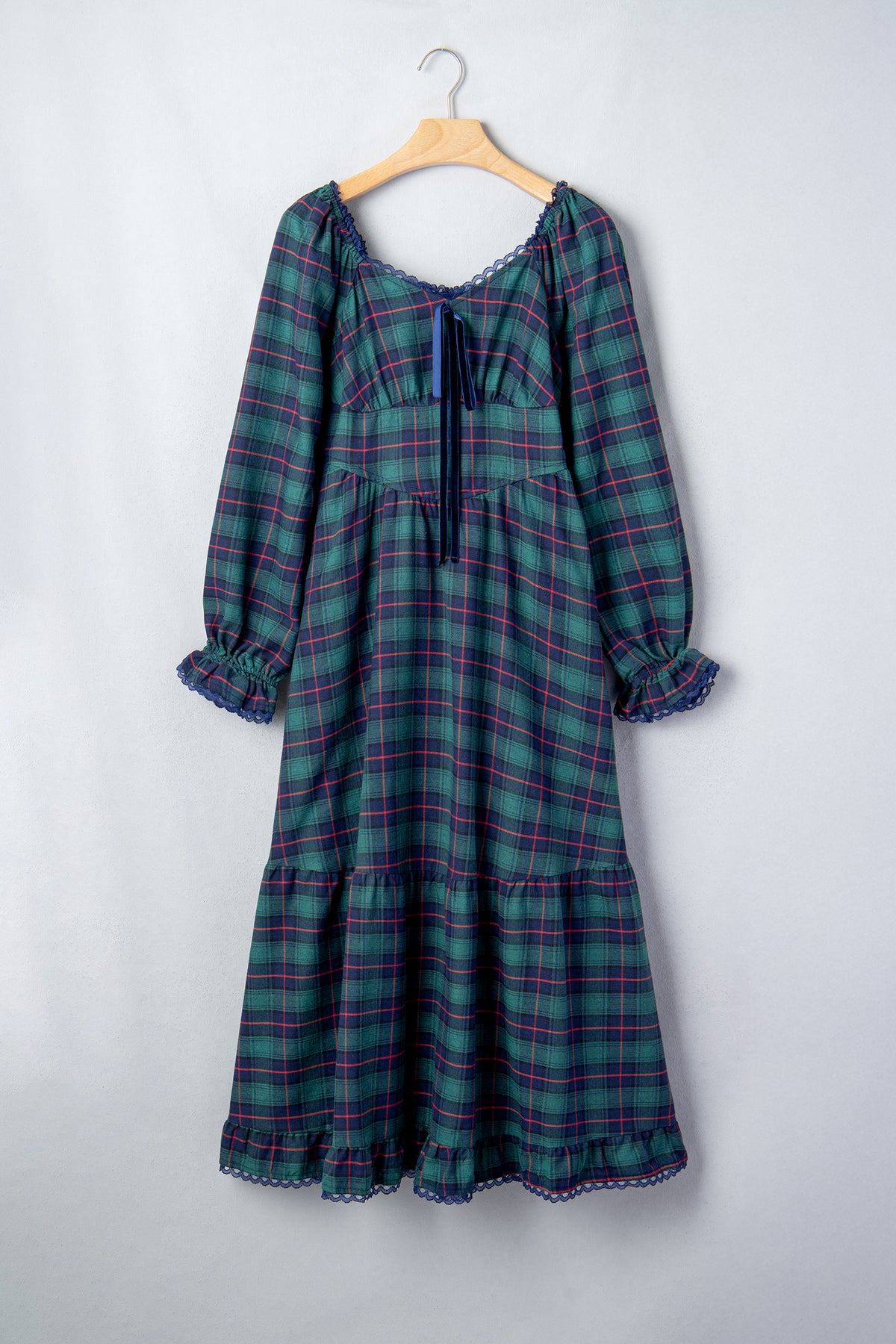 Green Plaid Lace Square-Neck Maxi Dress
