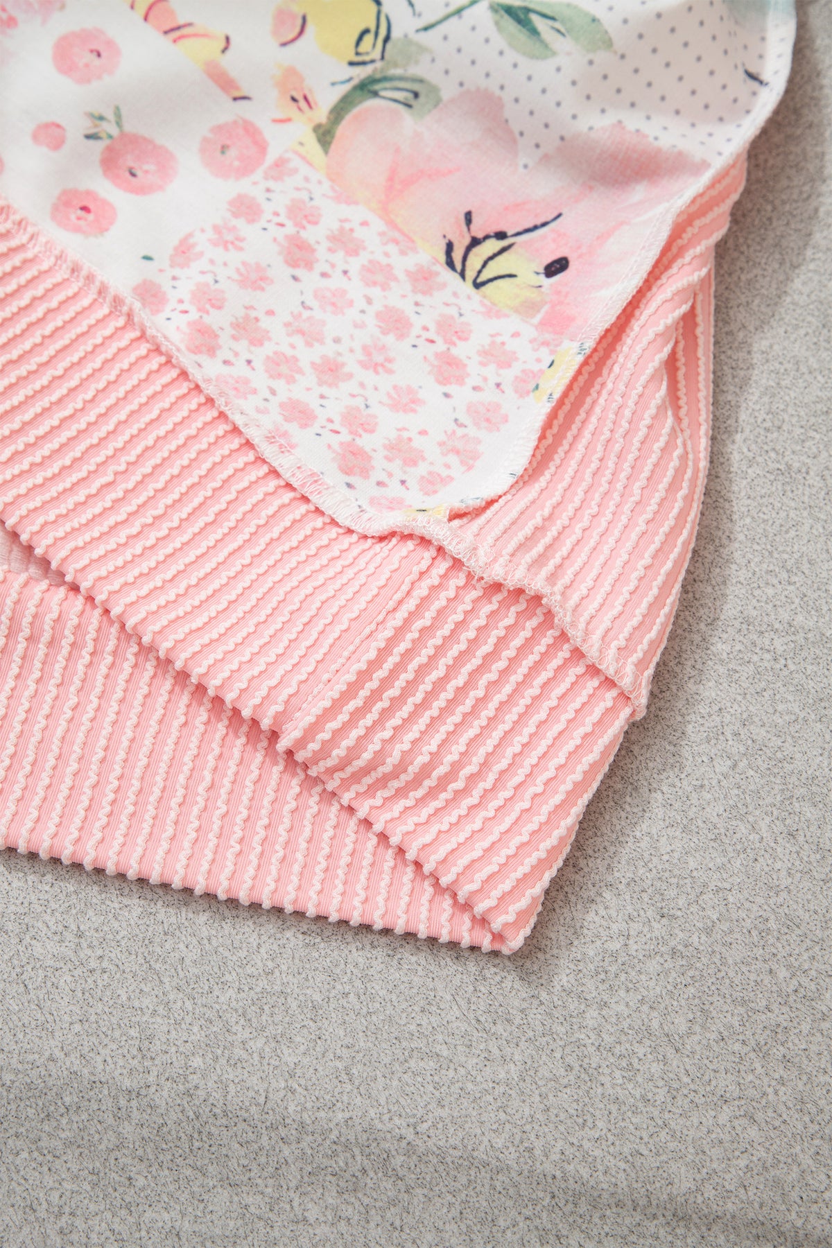 Pink Patchwork Floral Print Long-Sleeve Tunic Plus Size Blouse