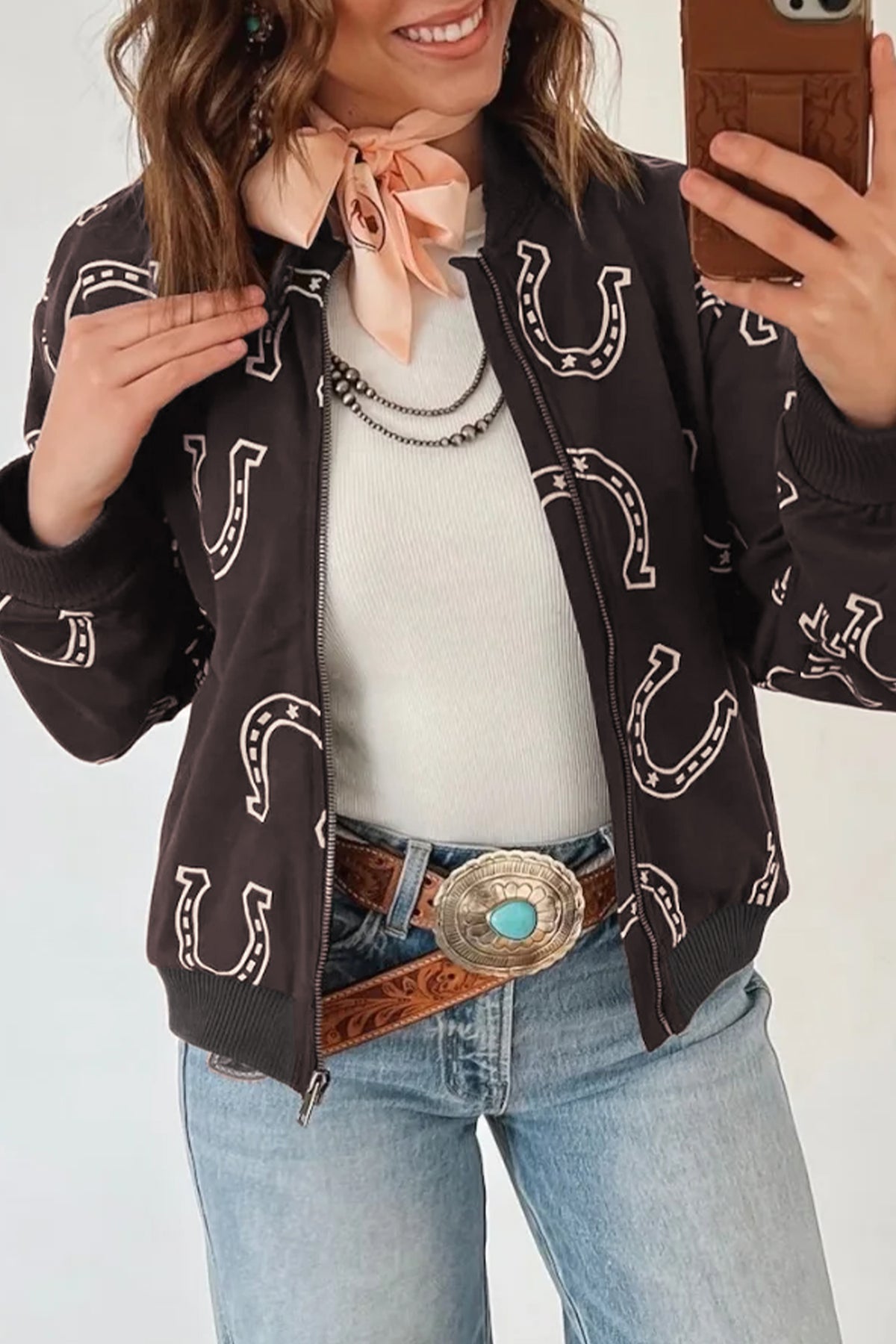 Brown Western Horseshoe Print Zip Jacket