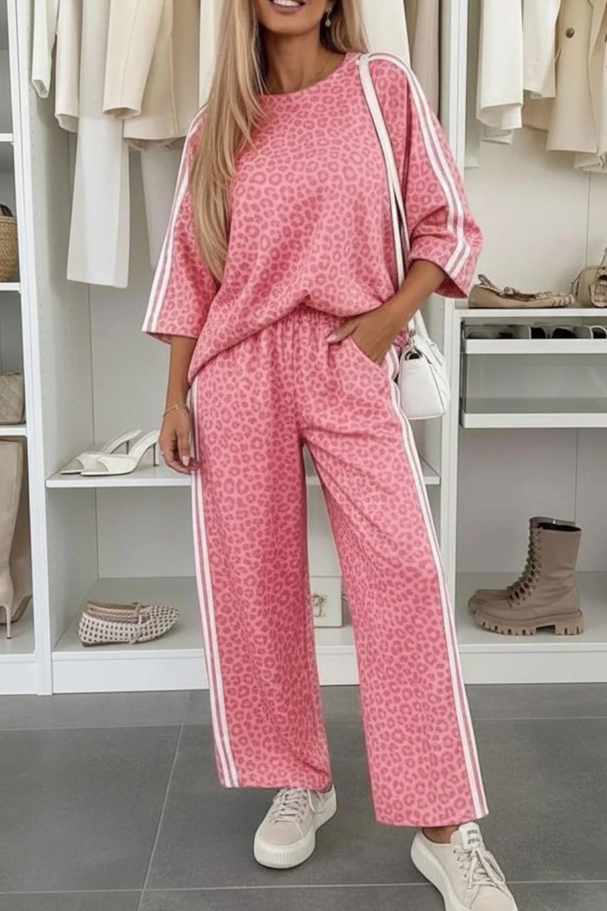 Women's Gray Leopard Print Varsity Striped Detail 3/4 Sleeve Top Shift Pants Set