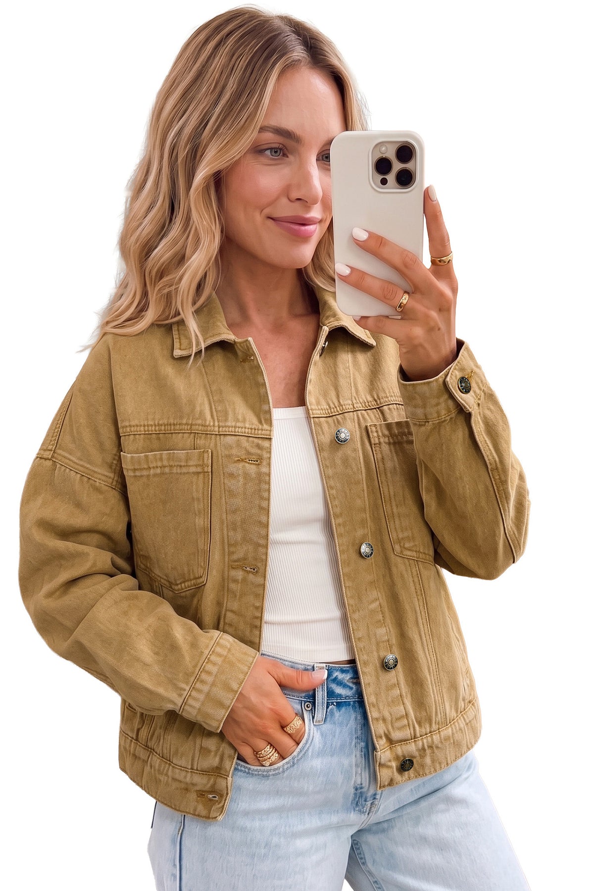 Honey Gold Metal Button Front Long Sleeve Collar Denim Jacket