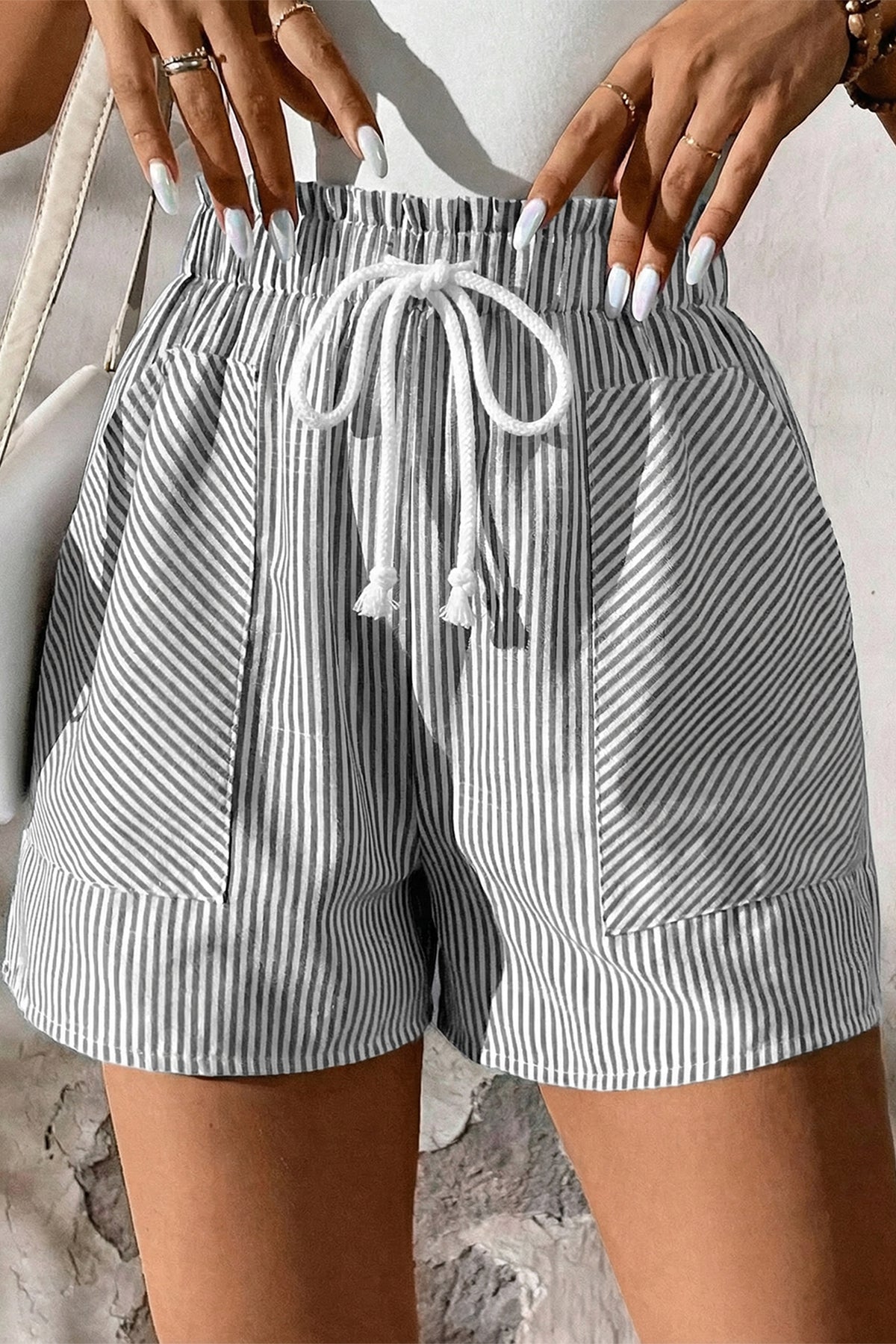 Gray Stripe Lace-up Elastic Waist Casual Pocketed Shorts