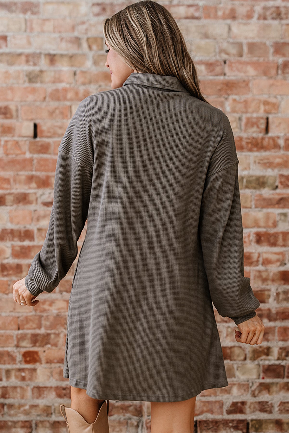 Simply Taupe Waffle Knit Shirt Tunic Dress