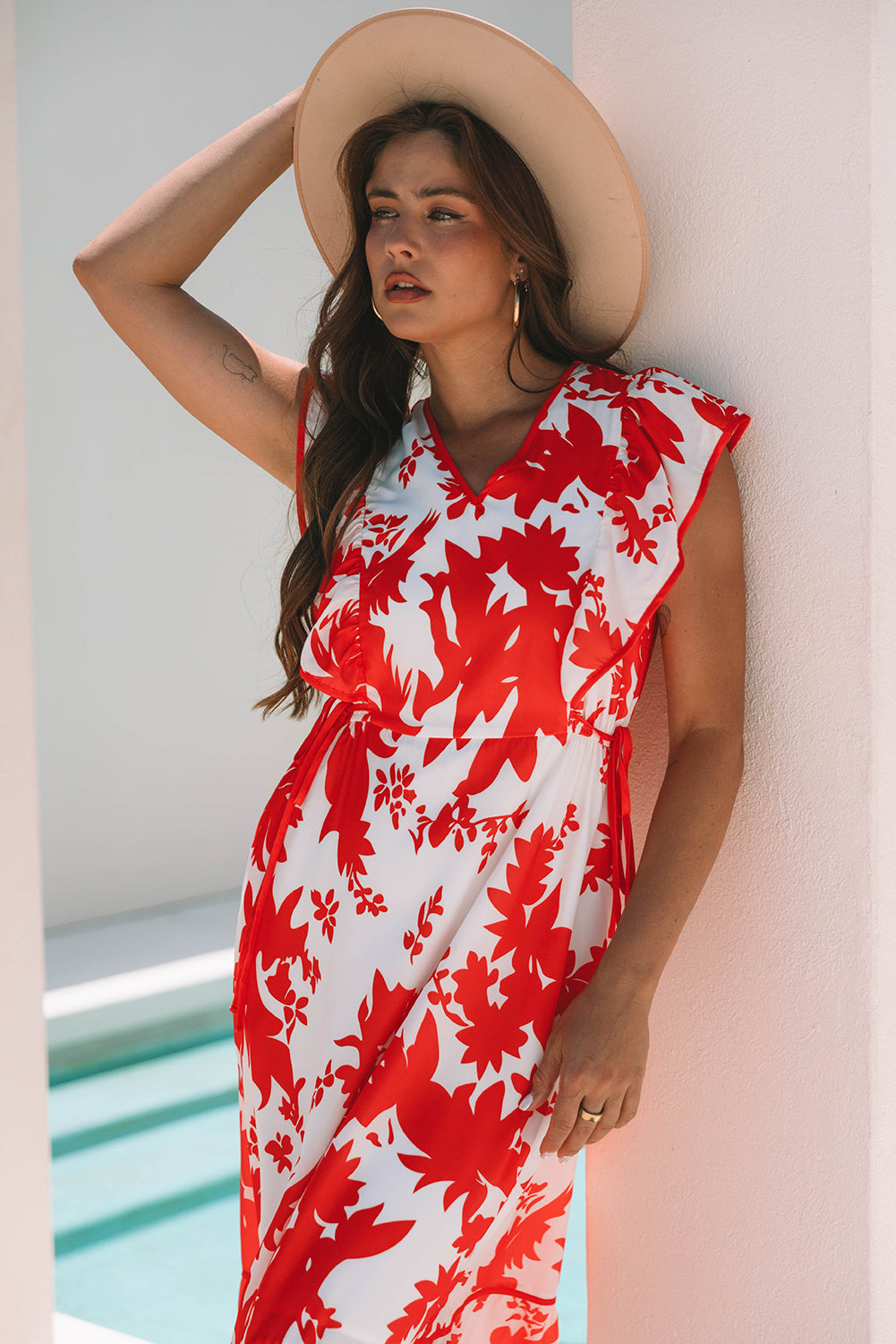 Red Floral Ruffle V-Neck Maxi Dress