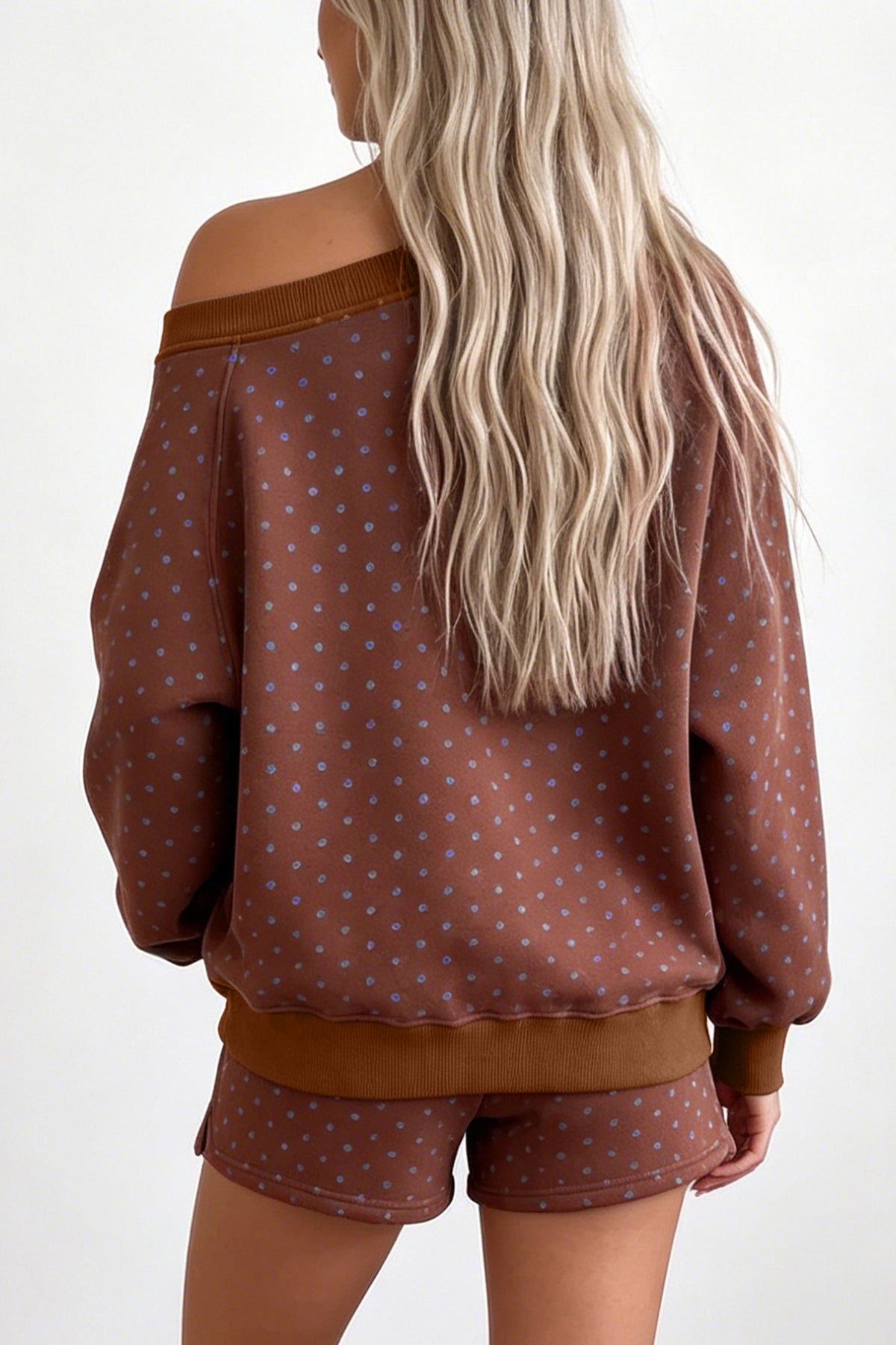 Brown Polka Dot Relaxed Top and Drawstring Shorts Set