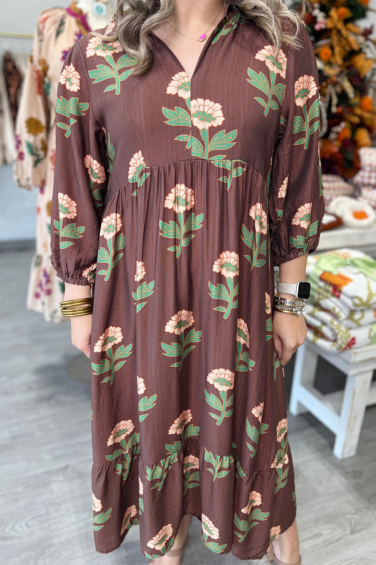Brown Floral Print V-Neck Long-Sleeve Loose Shift Plus Size Dress