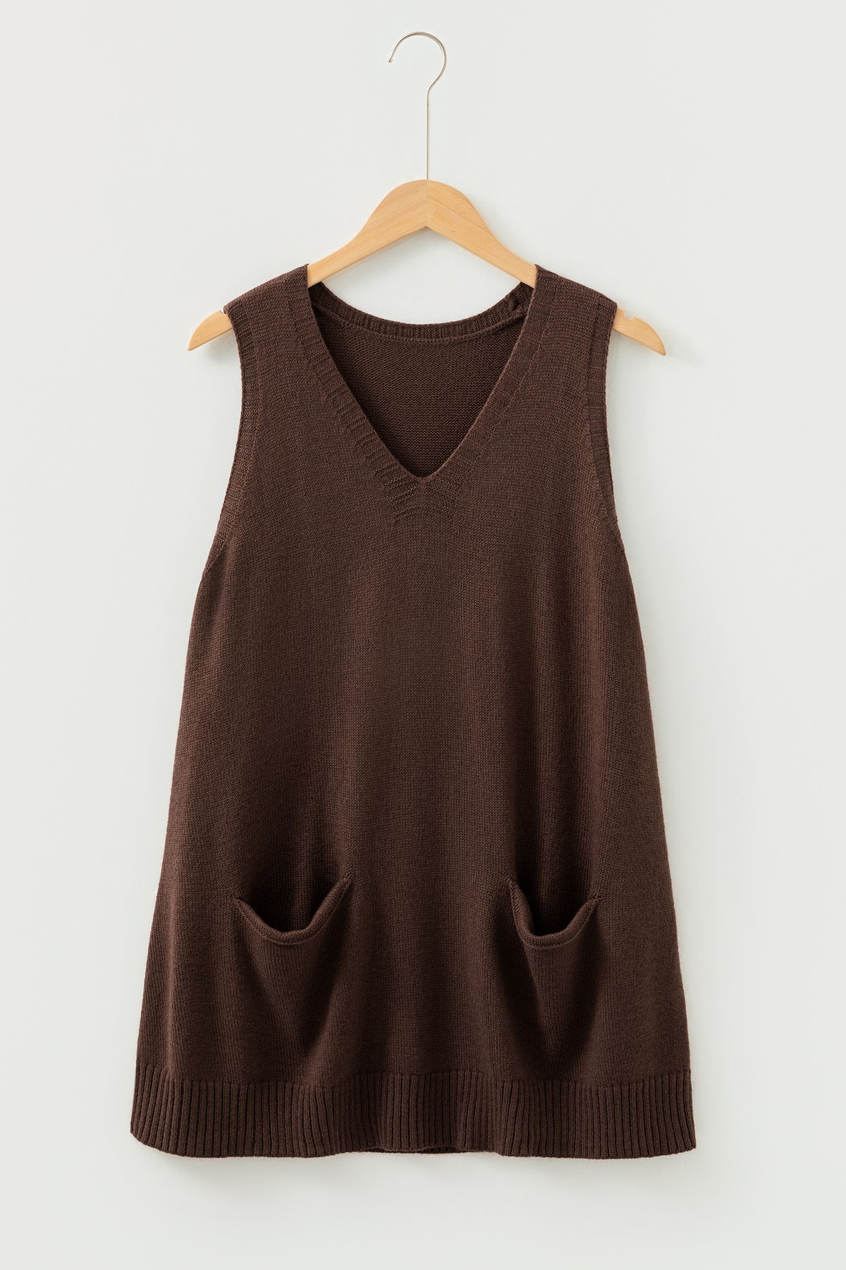 Dark Brown Ribbed Deep V Neckline Front Pocketed Tunic Sweater Vest