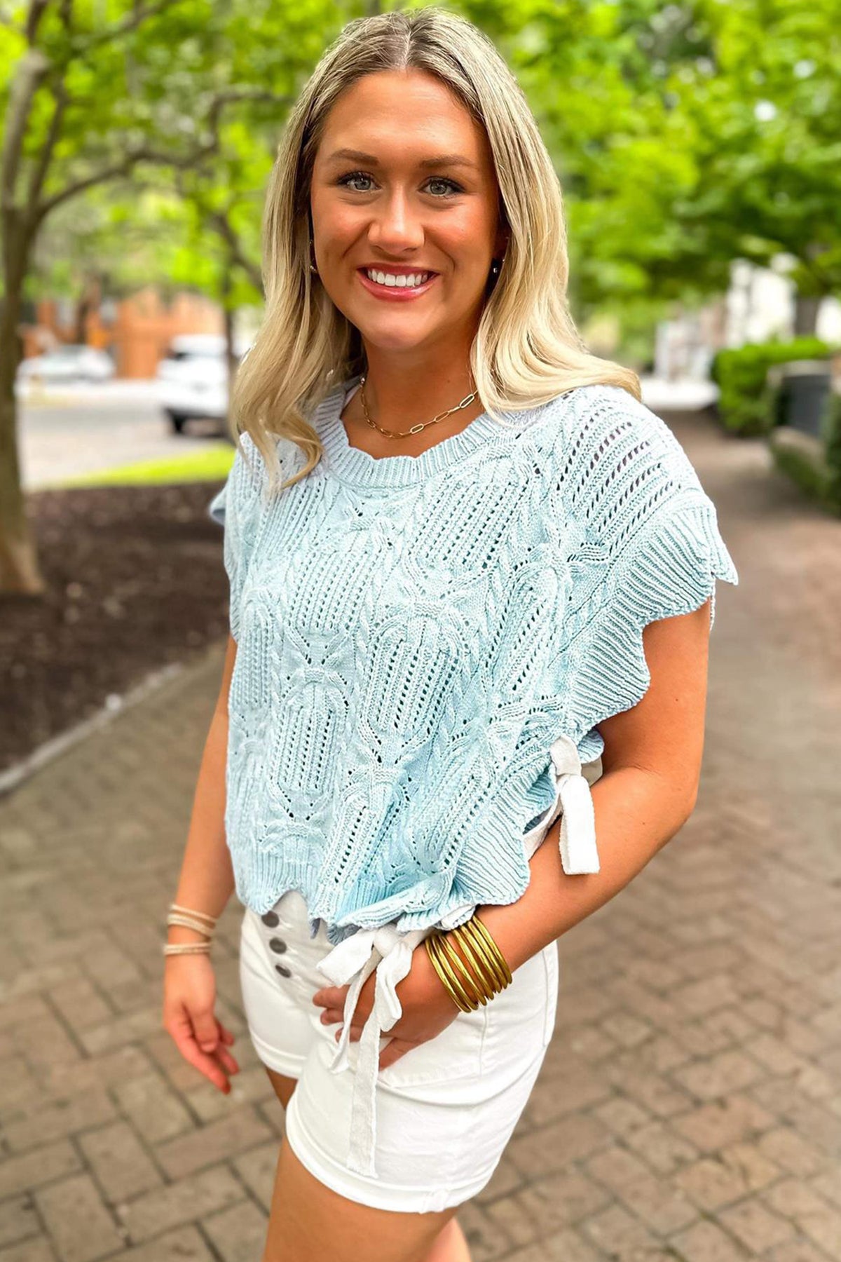 Beau Blue Pointelle Knit Patterned Scalloped Trim Short Sleeve Sweater