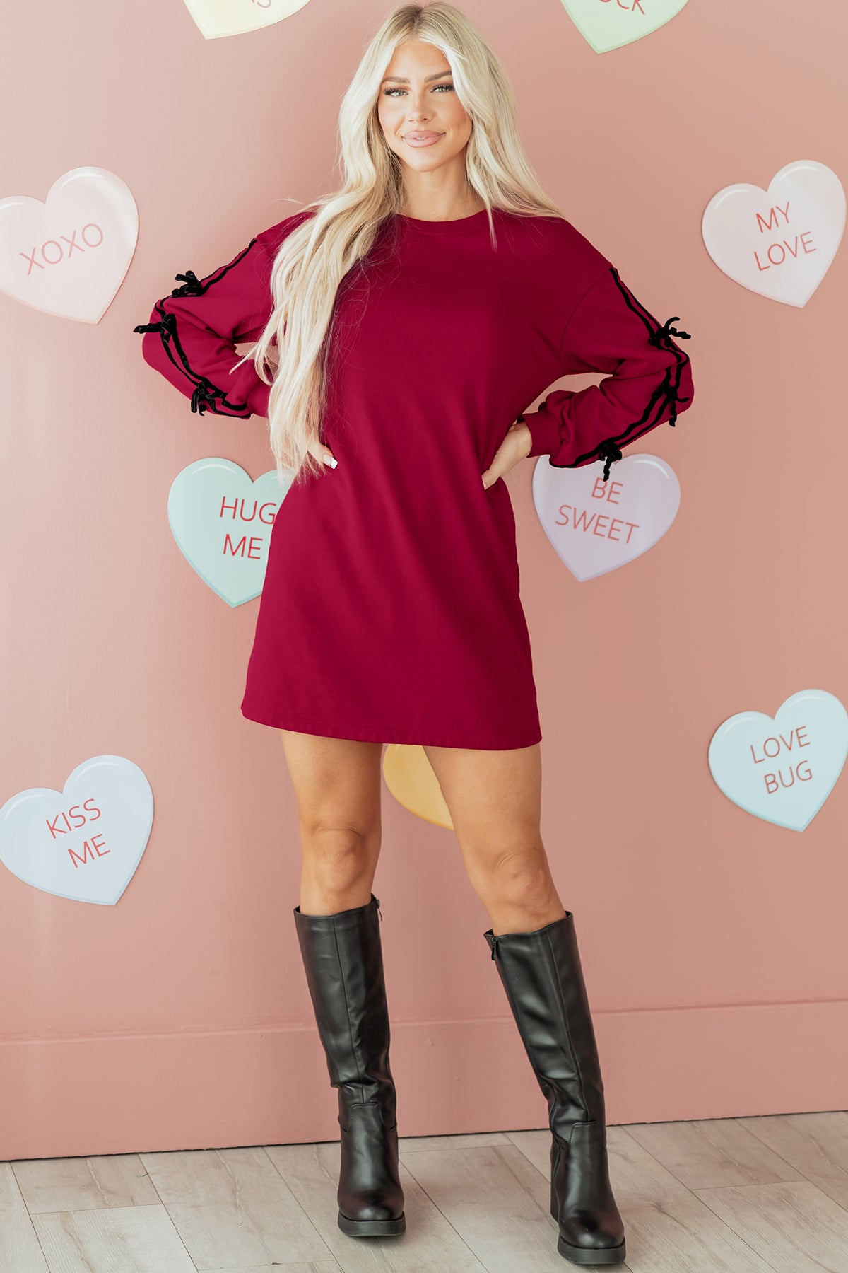 Racing Red Contrast Striped Bow Detail Sweatshirt Dress with Pockets