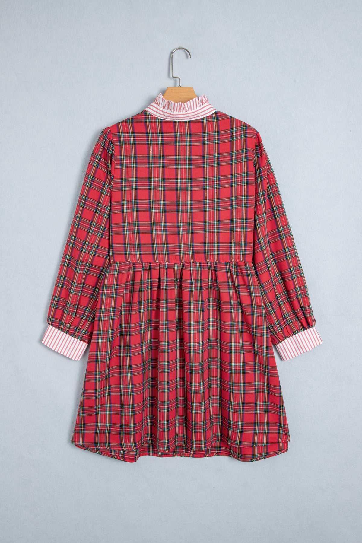 Red Plaid Striped V Neck Collar Cuff Shift Plus Size Dress