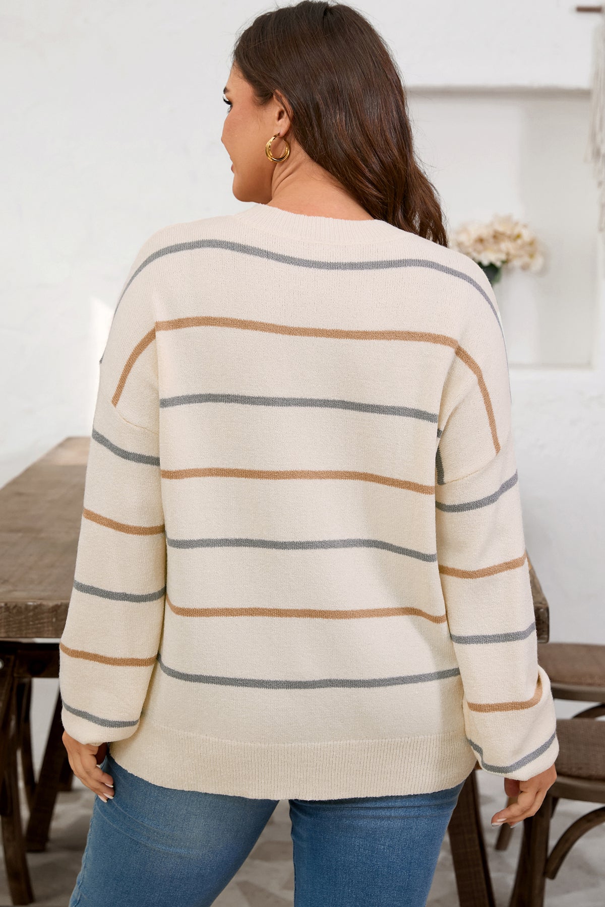 Multicolour Striped Drop-Shoulder Plus Sweater