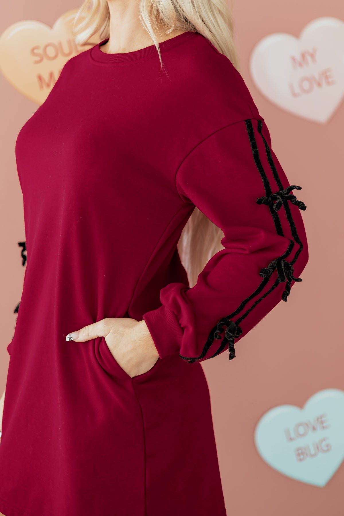 Racing Red Contrast Striped Bow Detail Sweatshirt Dress with Pockets